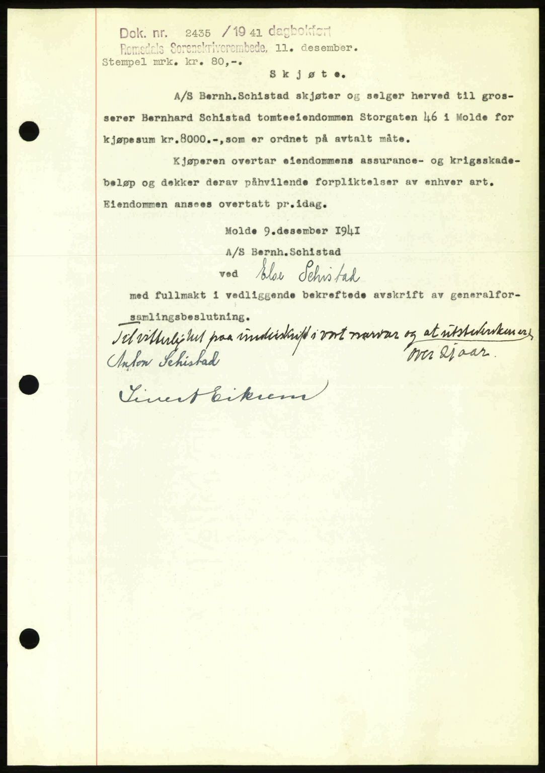 Romsdal sorenskriveri, AV/SAT-A-4149/1/2/2C: Mortgage book no. A11, 1941-1942, Diary no: : 2435/1941