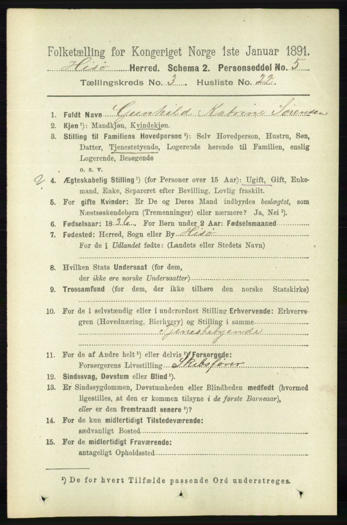 RA, 1891 census for 0922 Hisøy, 1891, p. 2379