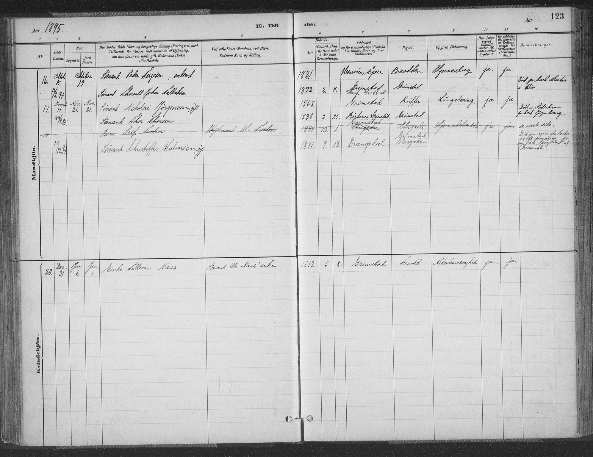 Grimstad sokneprestkontor, SAK/1111-0017/F/Fa/L0004: Parish register (official) no. A 3, 1882-1910, p. 123