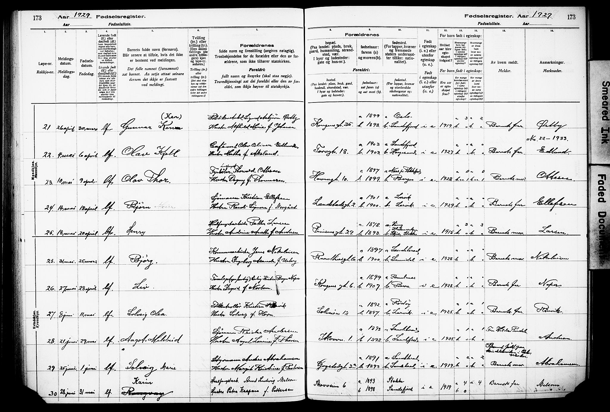 Sandefjord kirkebøker, AV/SAKO-A-315/J/Ja/L0001: Birth register no. 1, 1916-1932, p. 173