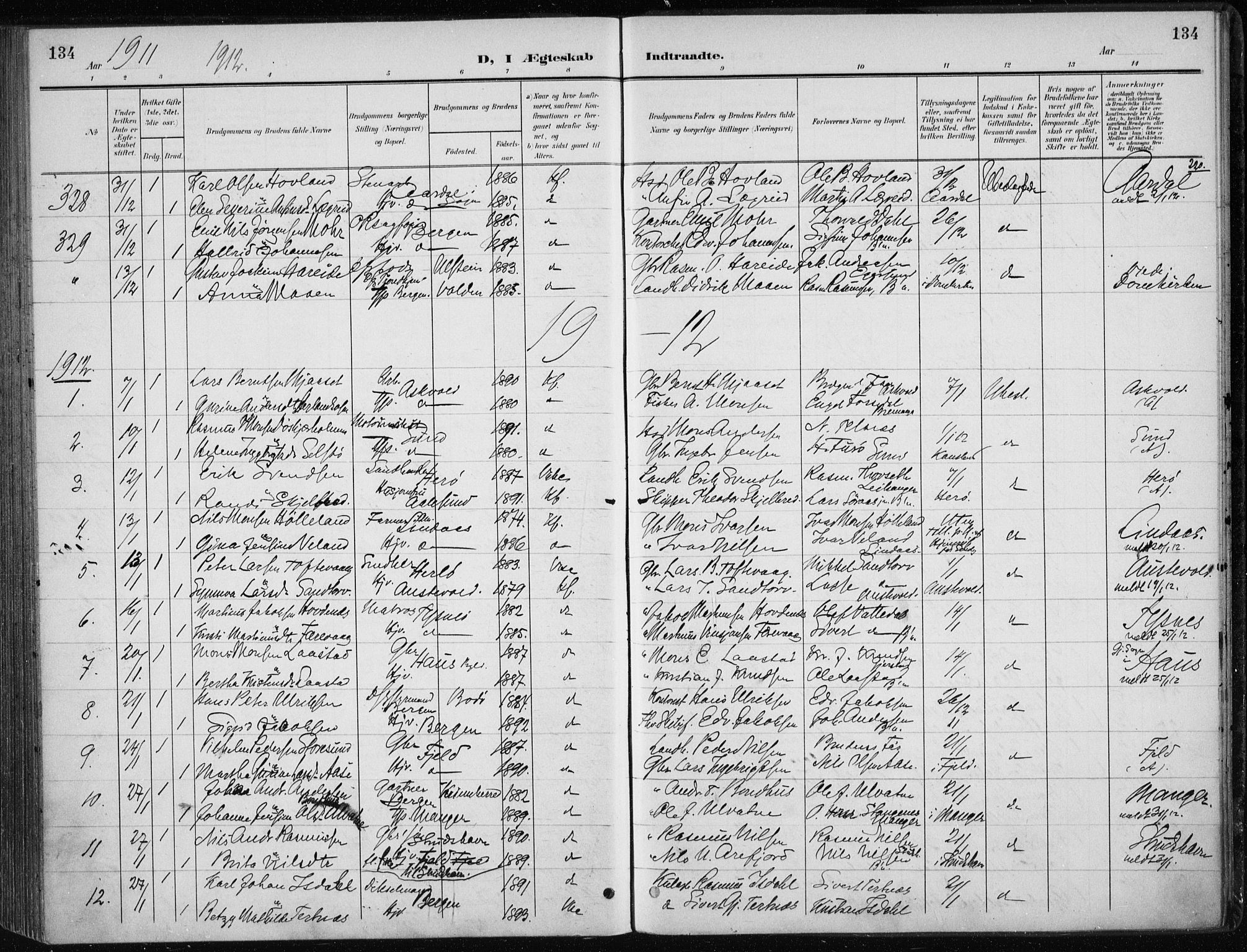 Nykirken Sokneprestembete, SAB/A-77101/H/Haa/L0035: Parish register (official) no. D 5, 1905-1913, p. 134