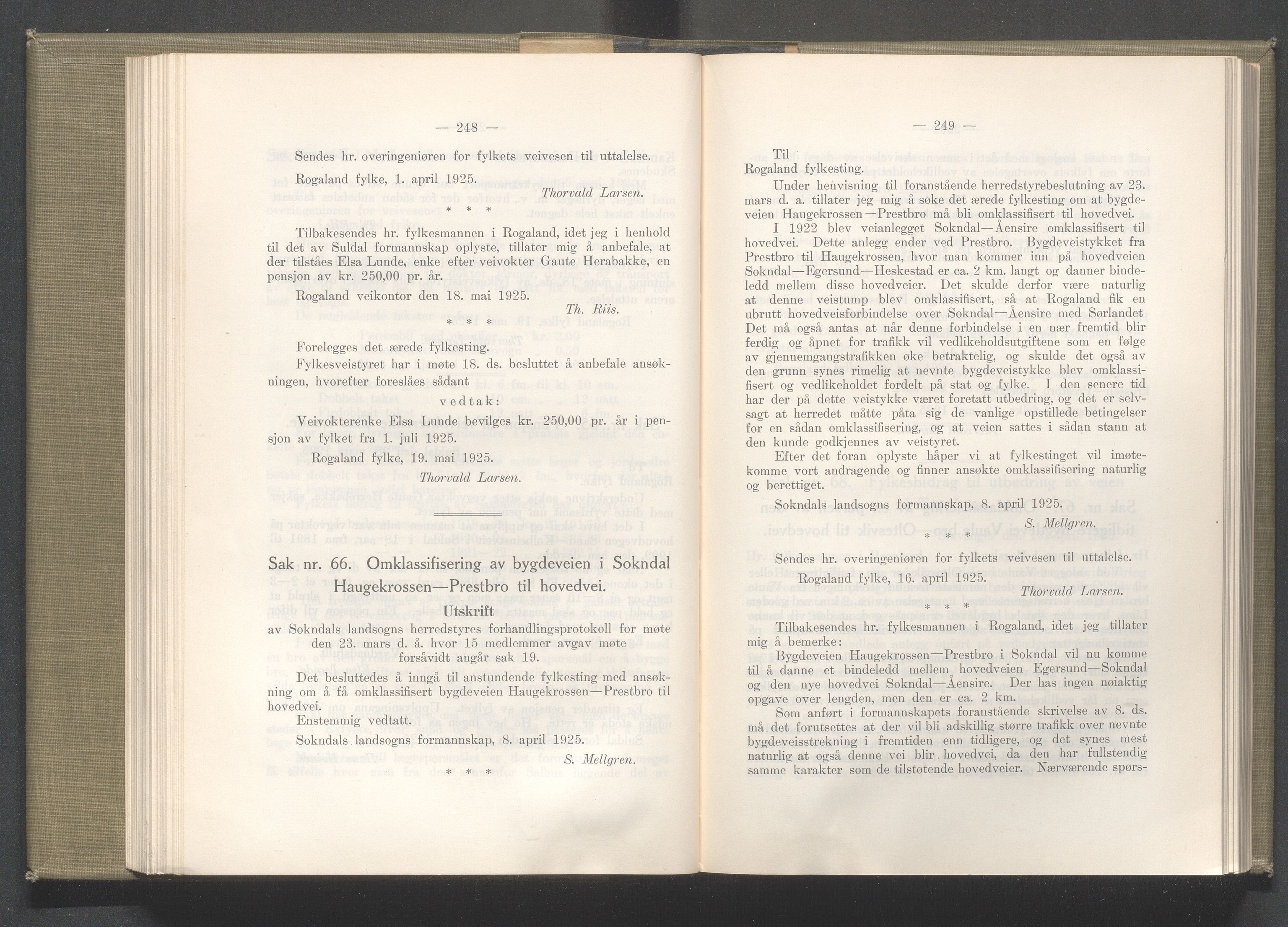 Rogaland fylkeskommune - Fylkesrådmannen , IKAR/A-900/A/Aa/Aaa/L0044: Møtebok , 1925, p. 248-249