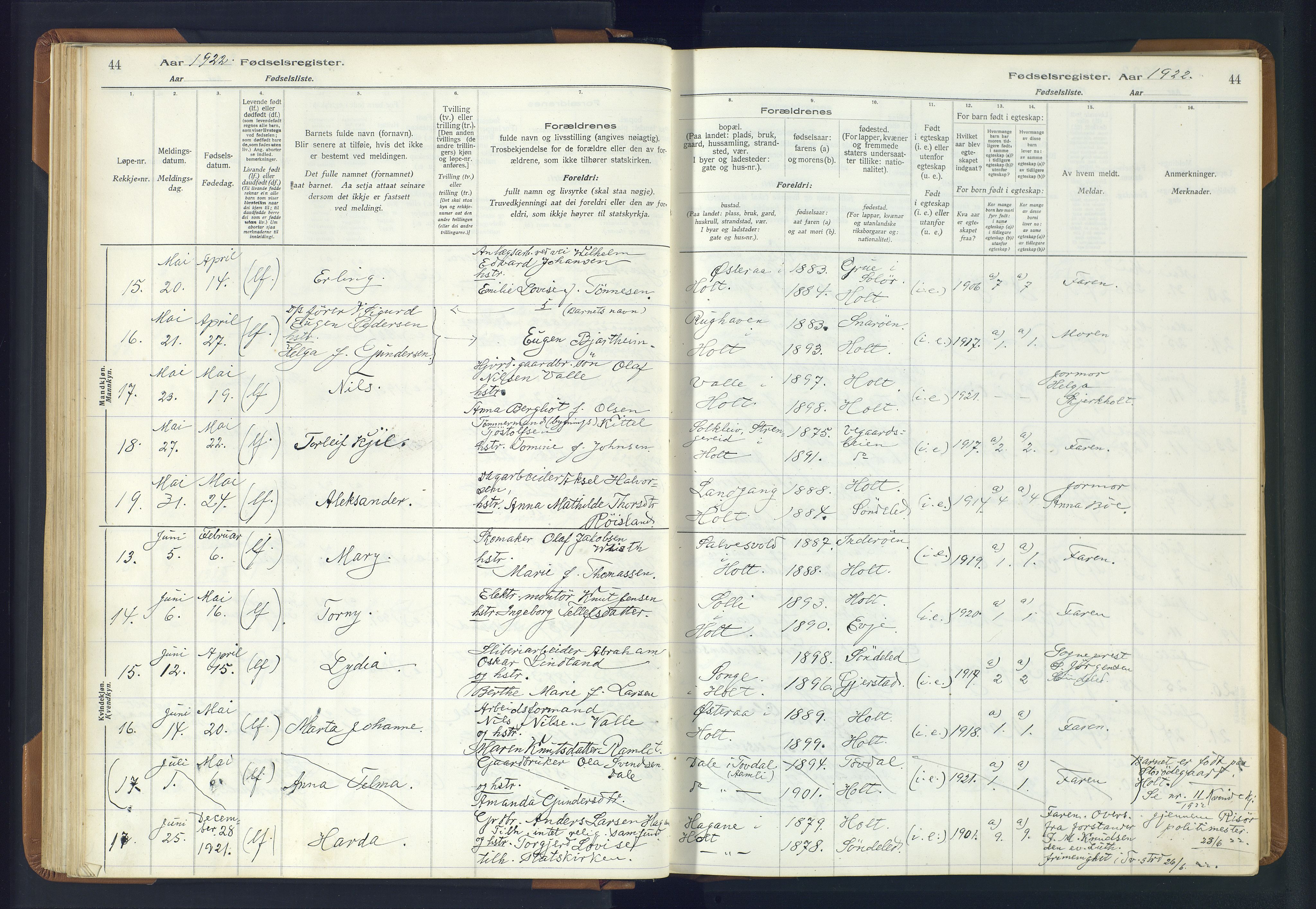 Holt sokneprestkontor, AV/SAK-1111-0021/J/Ja/L0001: Birth register no. II.4.1, 1916-1946, p. 44