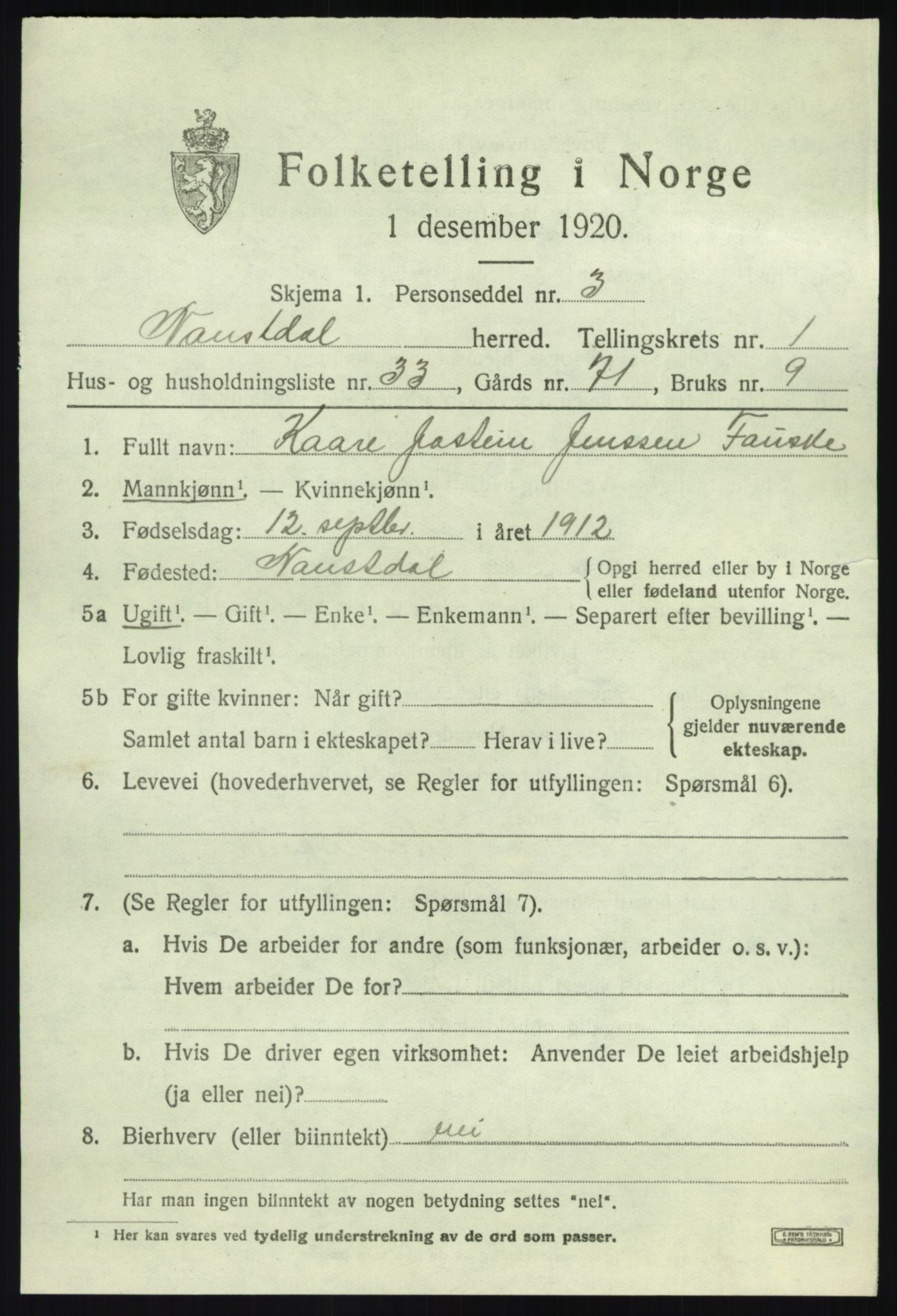 SAB, 1920 census for Naustdal, 1920, p. 1269