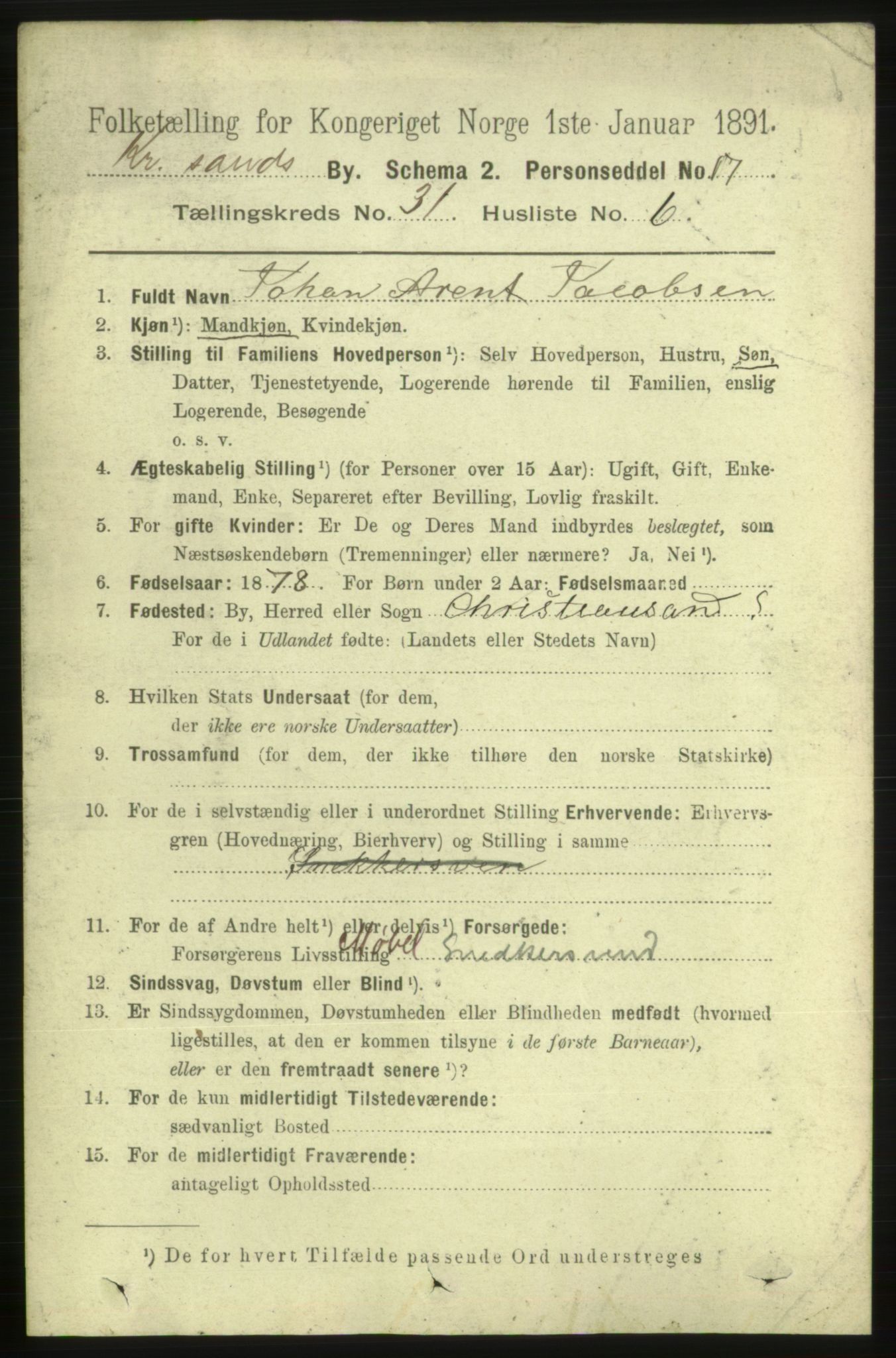 RA, 1891 census for 1001 Kristiansand, 1891, p. 9784