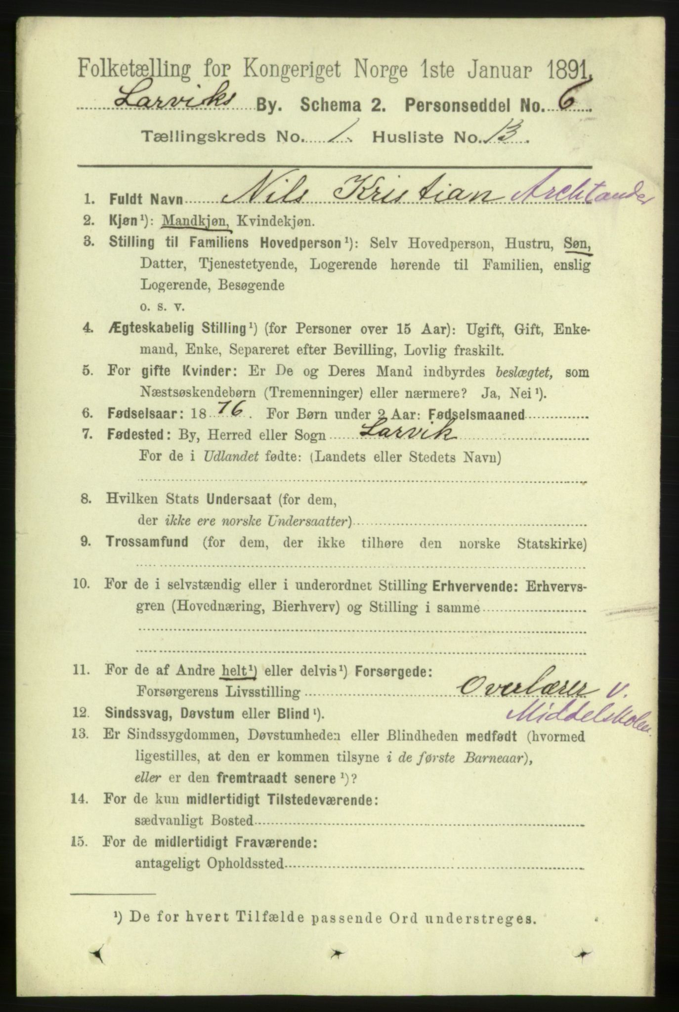 RA, 1891 census for 0707 Larvik, 1891, p. 2457