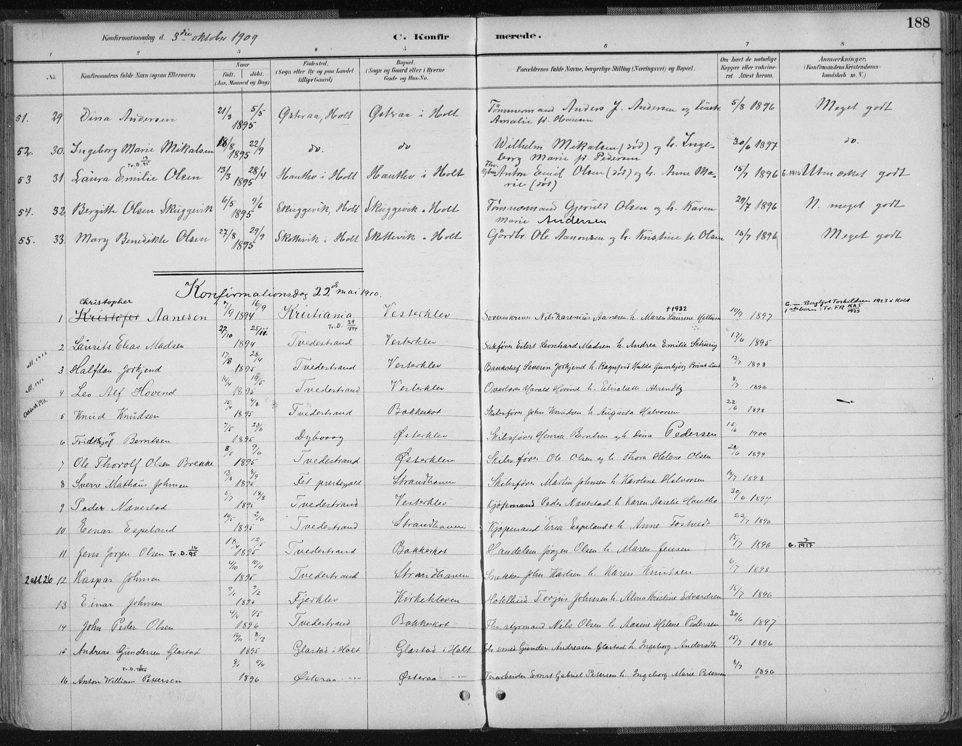 Tvedestrand sokneprestkontor, AV/SAK-1111-0042/F/Fa/L0001: Parish register (official) no. A 1, 1885-1916, p. 188