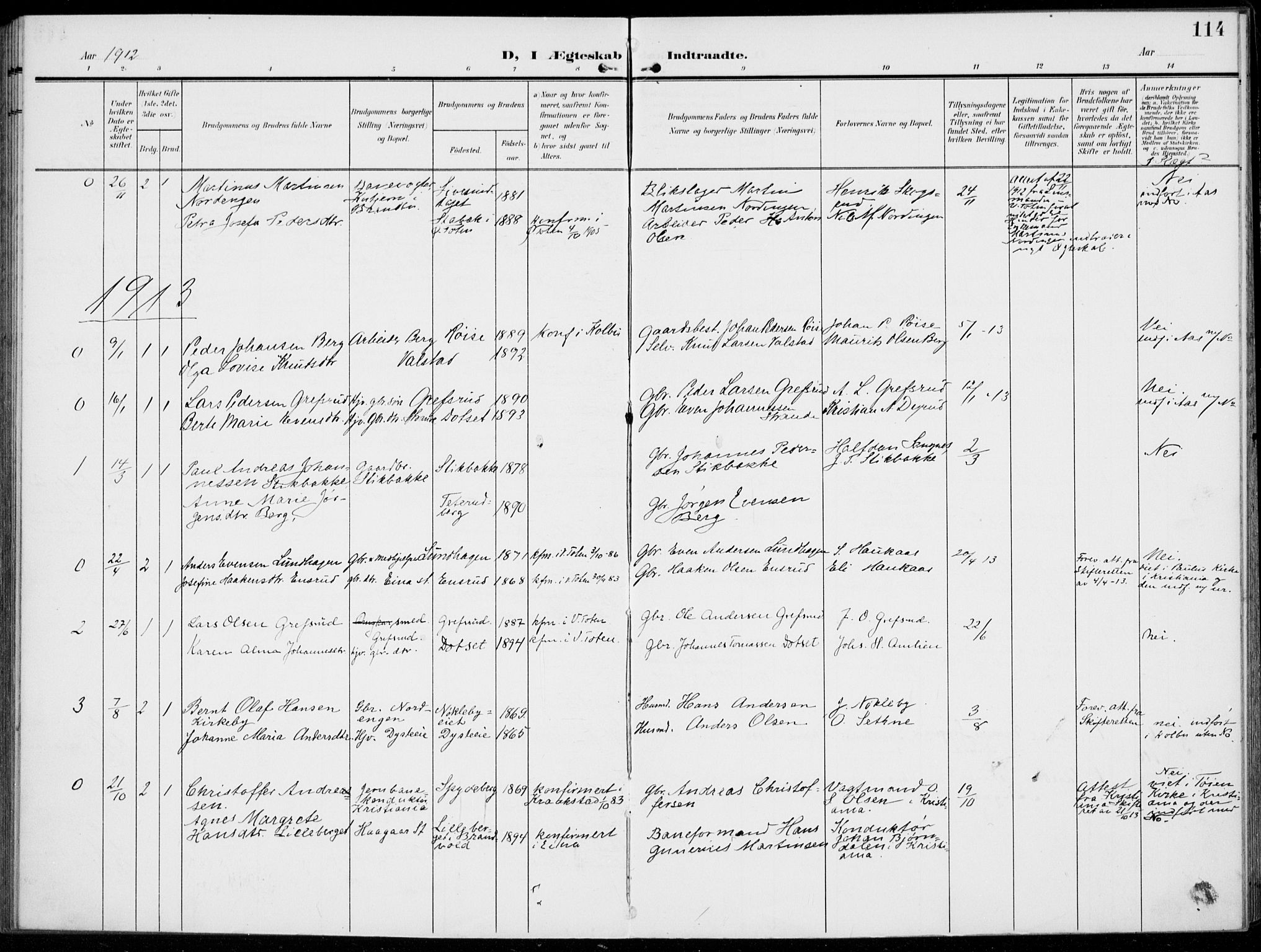 Kolbu prestekontor, SAH/PREST-110/H/Ha/Haa/L0001: Parish register (official) no. 1, 1907-1923, p. 114