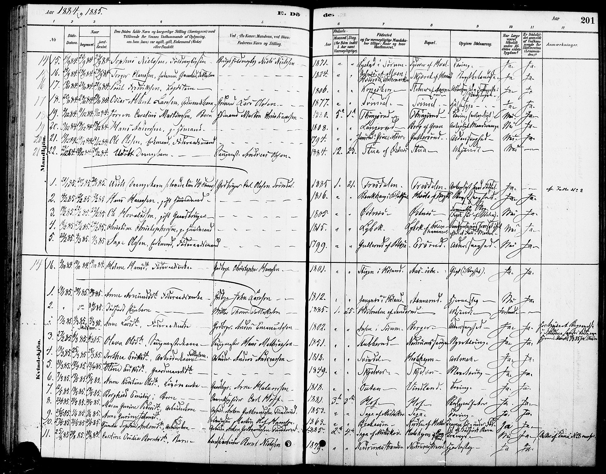 Fet prestekontor Kirkebøker, SAO/A-10370a/F/Fa/L0014: Parish register (official) no. I 14, 1878-1891, p. 201