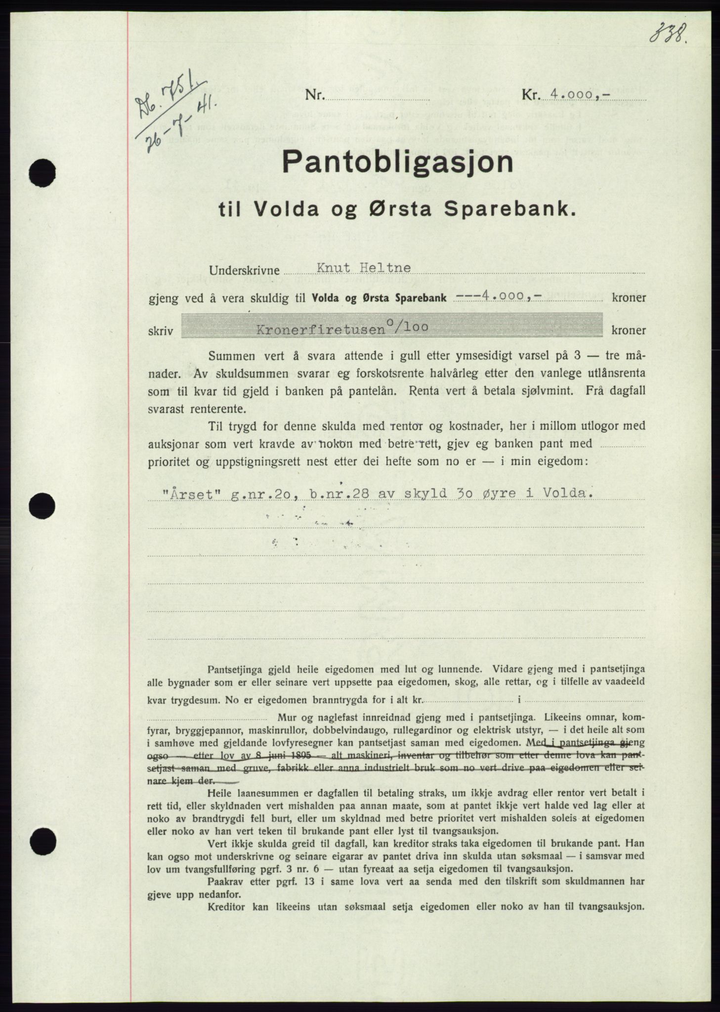 Søre Sunnmøre sorenskriveri, AV/SAT-A-4122/1/2/2C/L0071: Mortgage book no. 65, 1941-1941, Diary no: : 751/1941