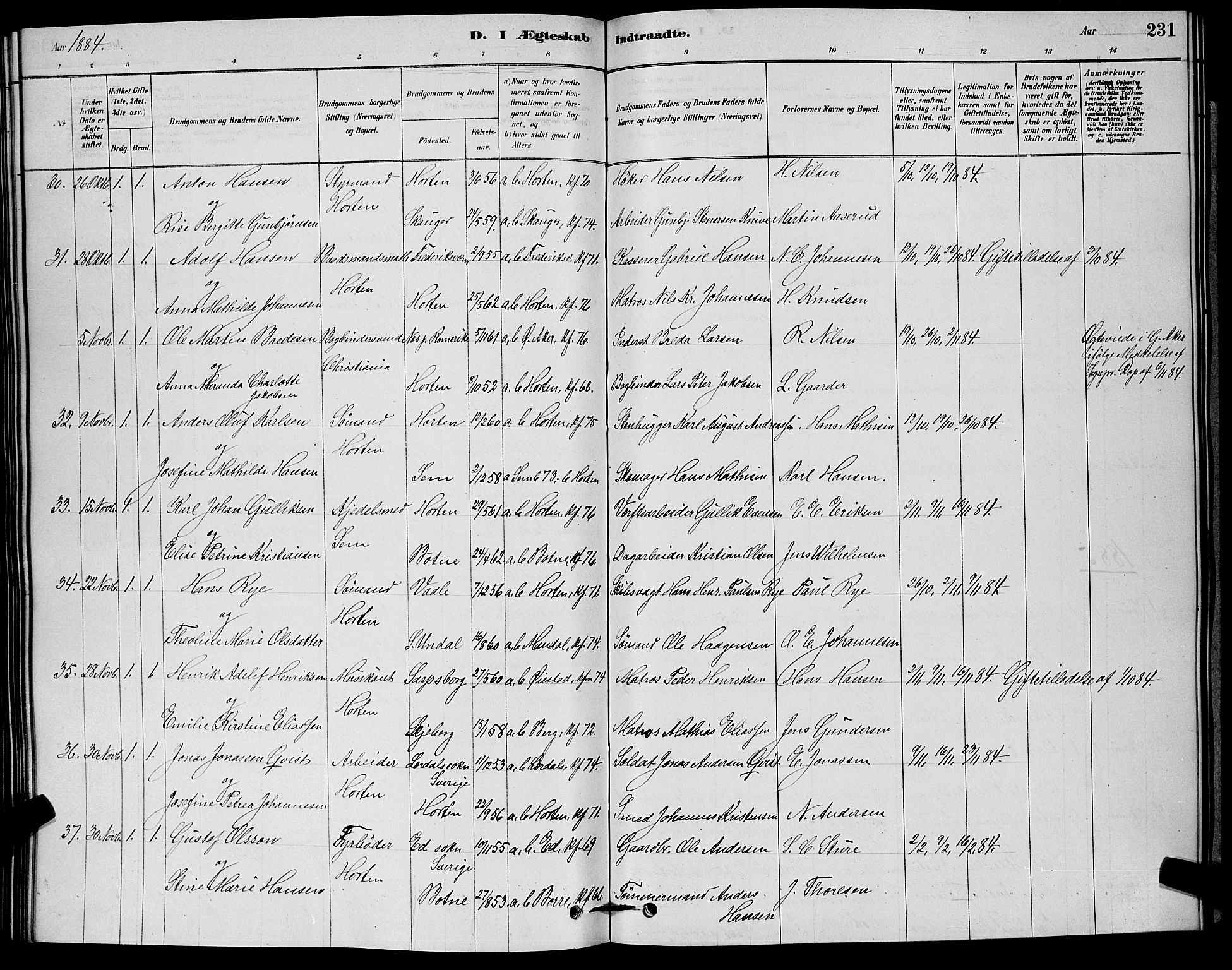 Horten kirkebøker, AV/SAKO-A-348/G/Ga/L0003: Parish register (copy) no. 4, 1878-1887, p. 231