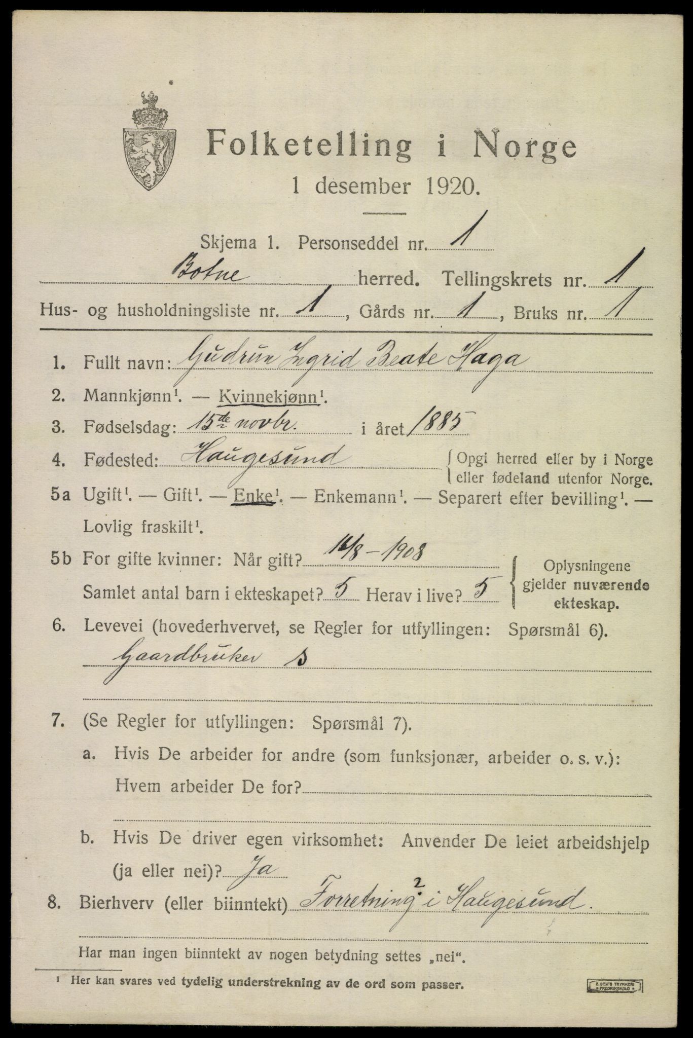 SAKO, 1920 census for Botne, 1920, p. 997