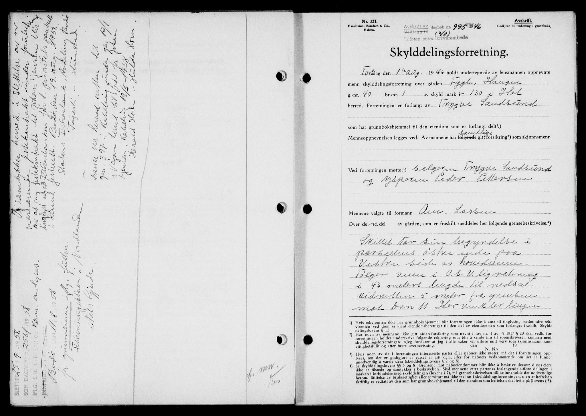 Lofoten sorenskriveri, SAT/A-0017/1/2/2C/L0014a: Mortgage book no. 14a, 1946-1946, Diary no: : 995/1946