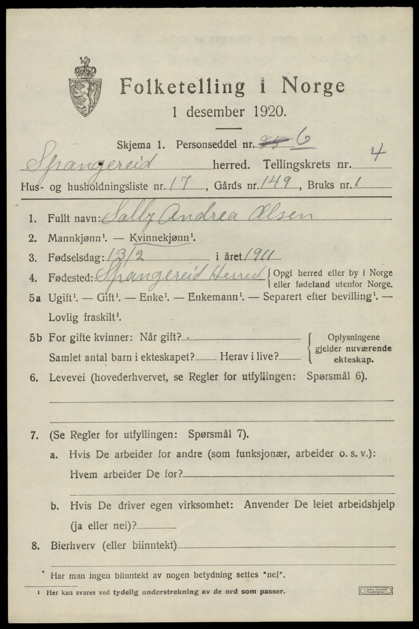 SAK, 1920 census for Spangereid, 1920, p. 1687