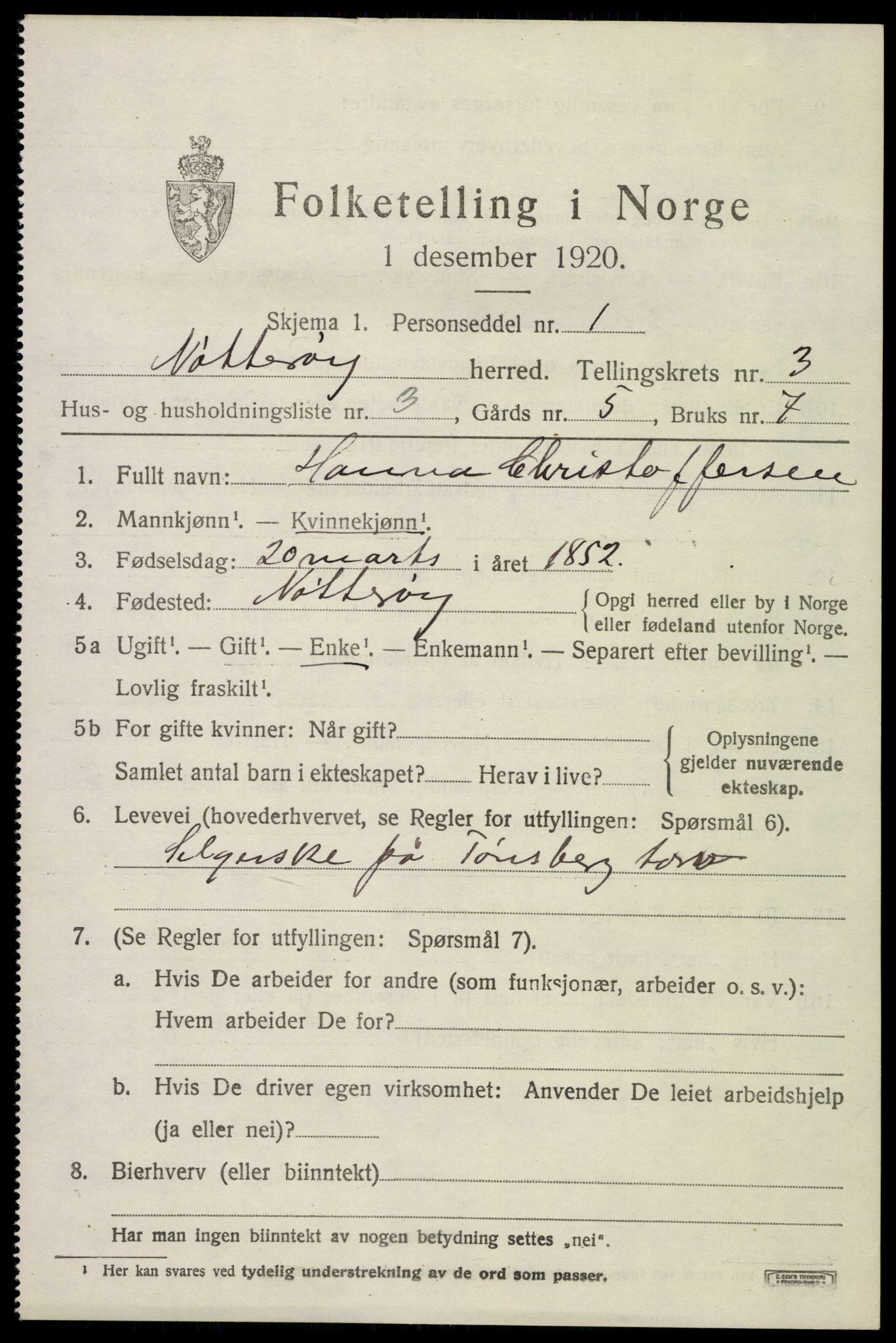 SAKO, 1920 census for Nøtterøy, 1920, p. 5579