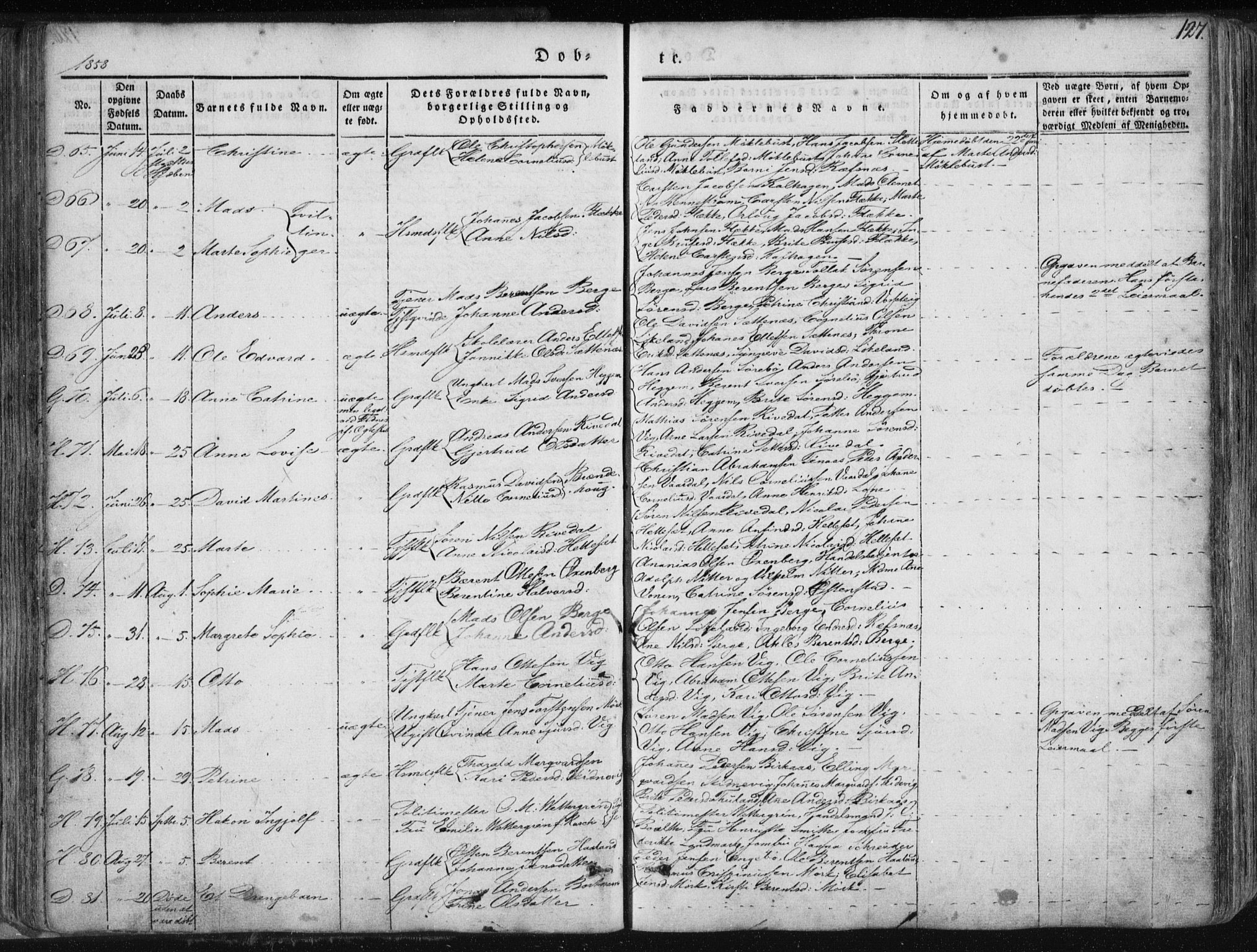 Fjaler sokneprestembete, AV/SAB-A-79801/H/Haa/Haaa/L0006: Parish register (official) no. A 6, 1835-1884, p. 127