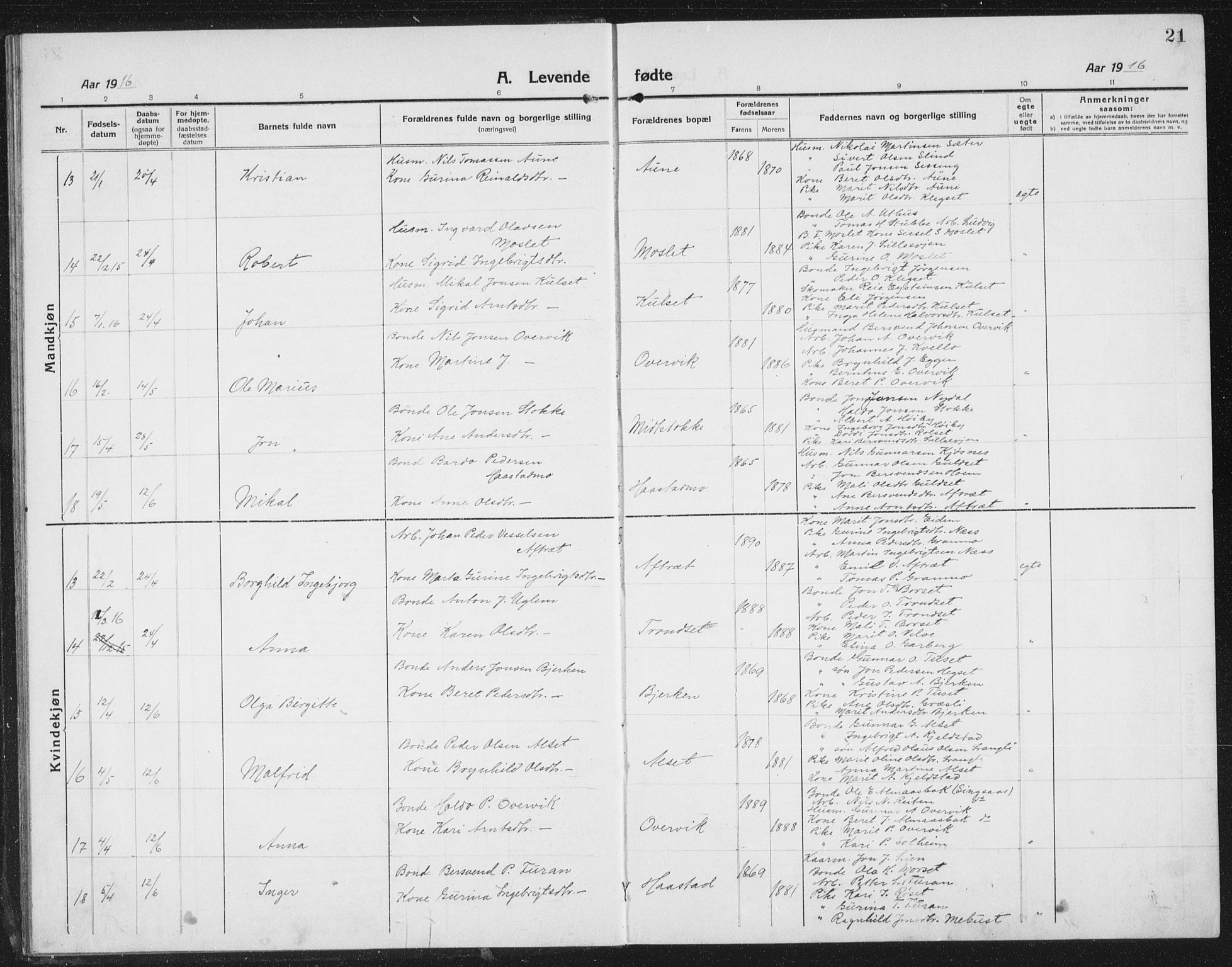 Ministerialprotokoller, klokkerbøker og fødselsregistre - Sør-Trøndelag, AV/SAT-A-1456/695/L1158: Parish register (copy) no. 695C09, 1913-1940, p. 21