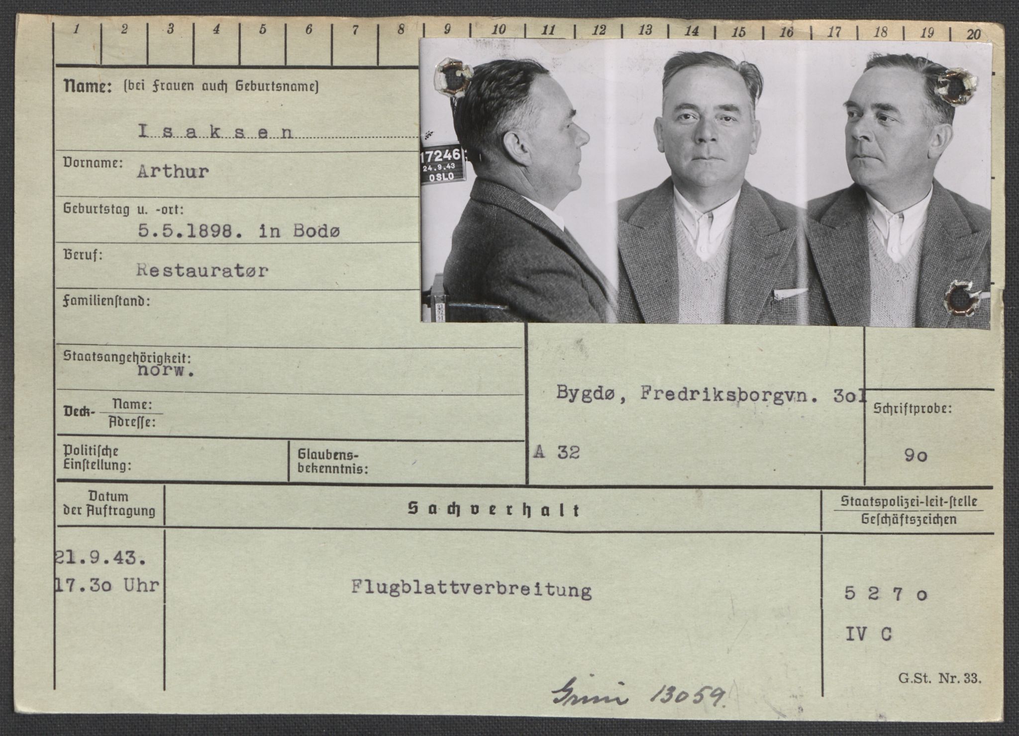 Befehlshaber der Sicherheitspolizei und des SD, AV/RA-RAFA-5969/E/Ea/Eaa/L0005: Register over norske fanger i Møllergata 19: Hø-Kj, 1940-1945, p. 179