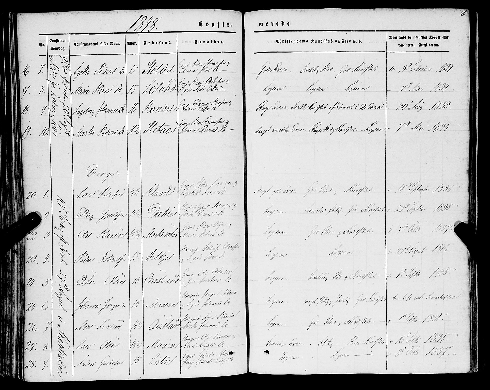 Lavik sokneprestembete, AV/SAB-A-80901: Parish register (official) no. A 3, 1843-1863, p. 20