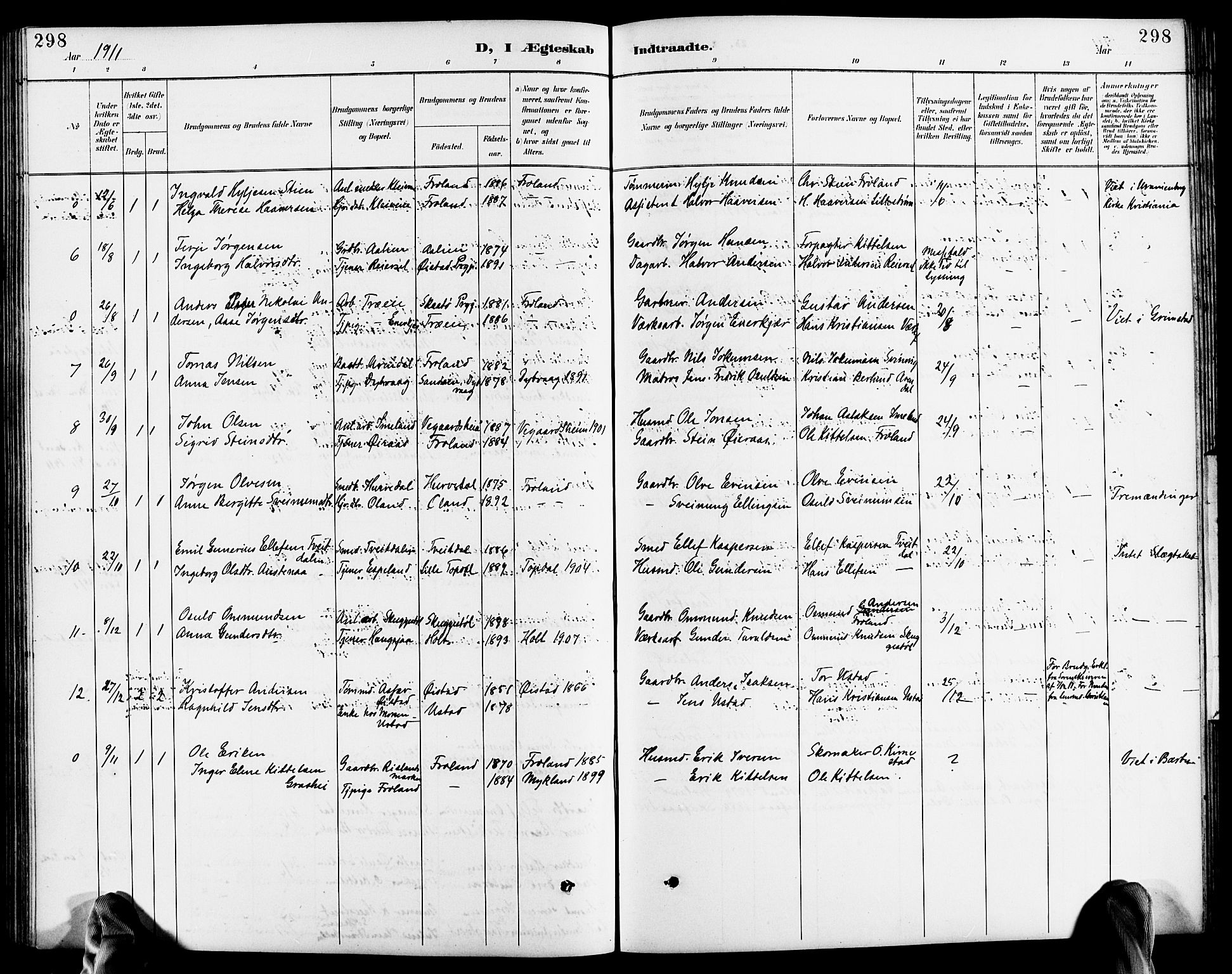 Froland sokneprestkontor, AV/SAK-1111-0013/F/Fb/L0010: Parish register (copy) no. B 10, 1893-1920, p. 298