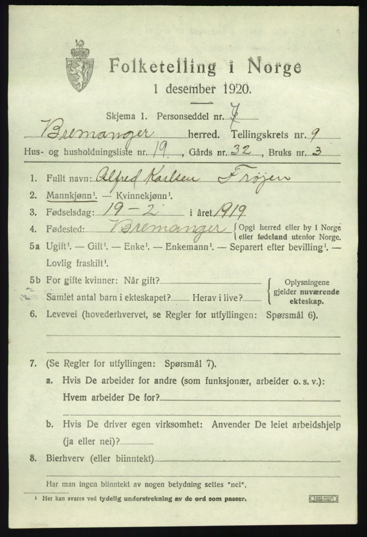 SAB, 1920 census for Bremanger, 1920, p. 5412