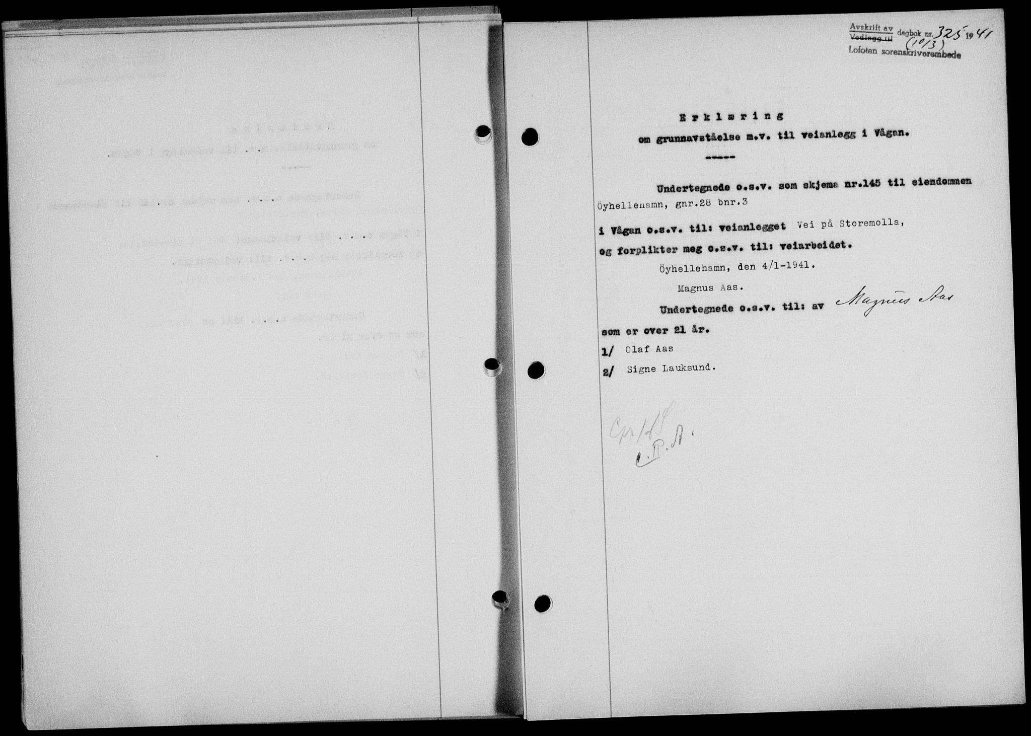 Lofoten sorenskriveri, SAT/A-0017/1/2/2C/L0008a: Mortgage book no. 8a, 1940-1941, Diary no: : 325/1941