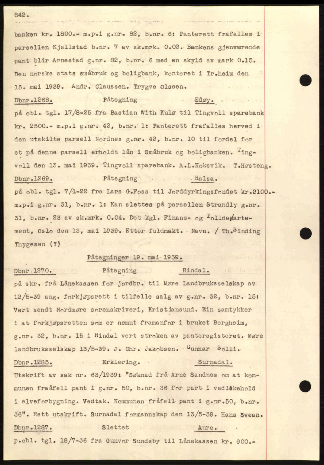 Nordmøre sorenskriveri, AV/SAT-A-4132/1/2/2Ca: Mortgage book no. C80, 1936-1939, Diary no: : 1268/1939