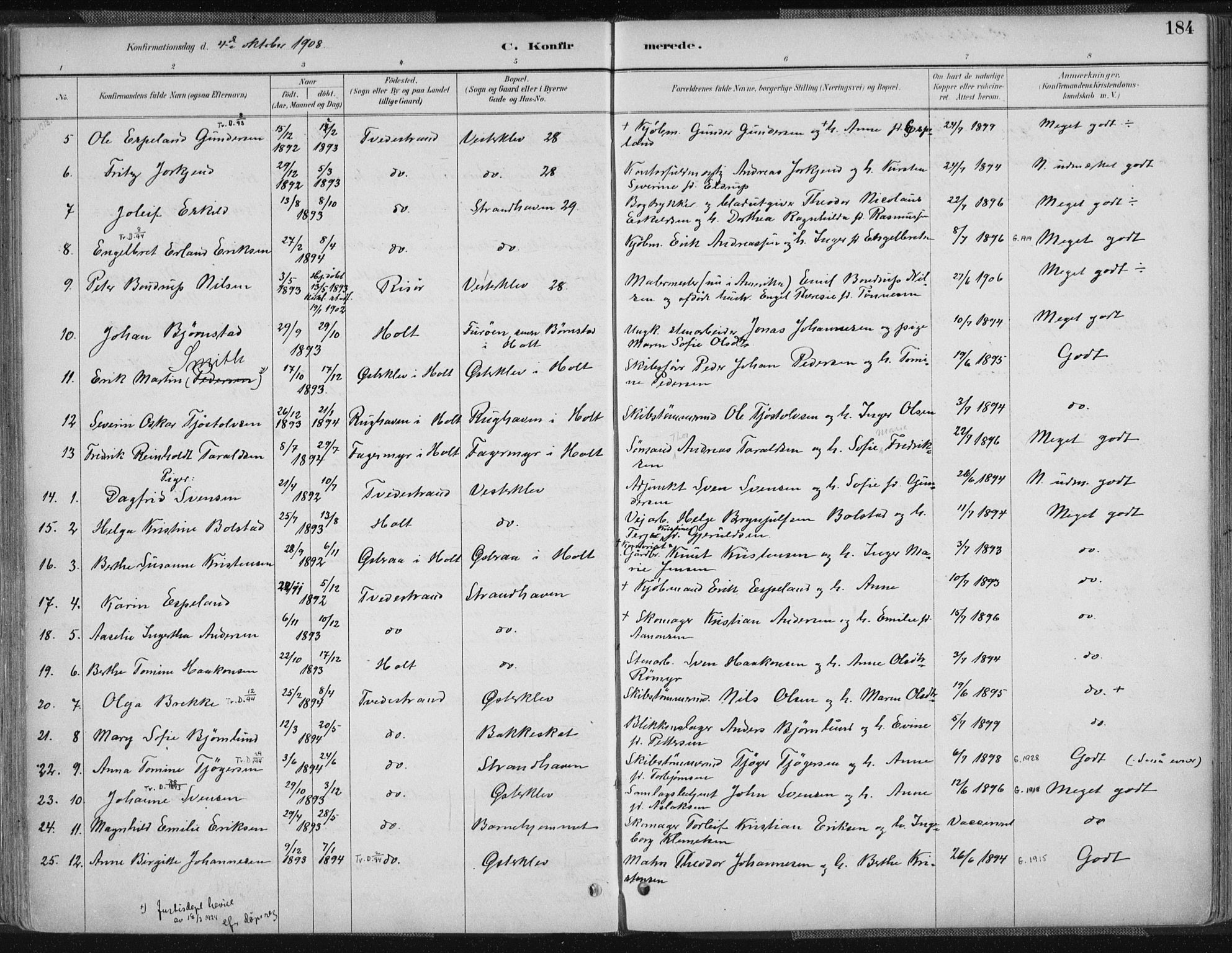 Tvedestrand sokneprestkontor, SAK/1111-0042/F/Fa/L0001: Parish register (official) no. A 1, 1885-1916, p. 184