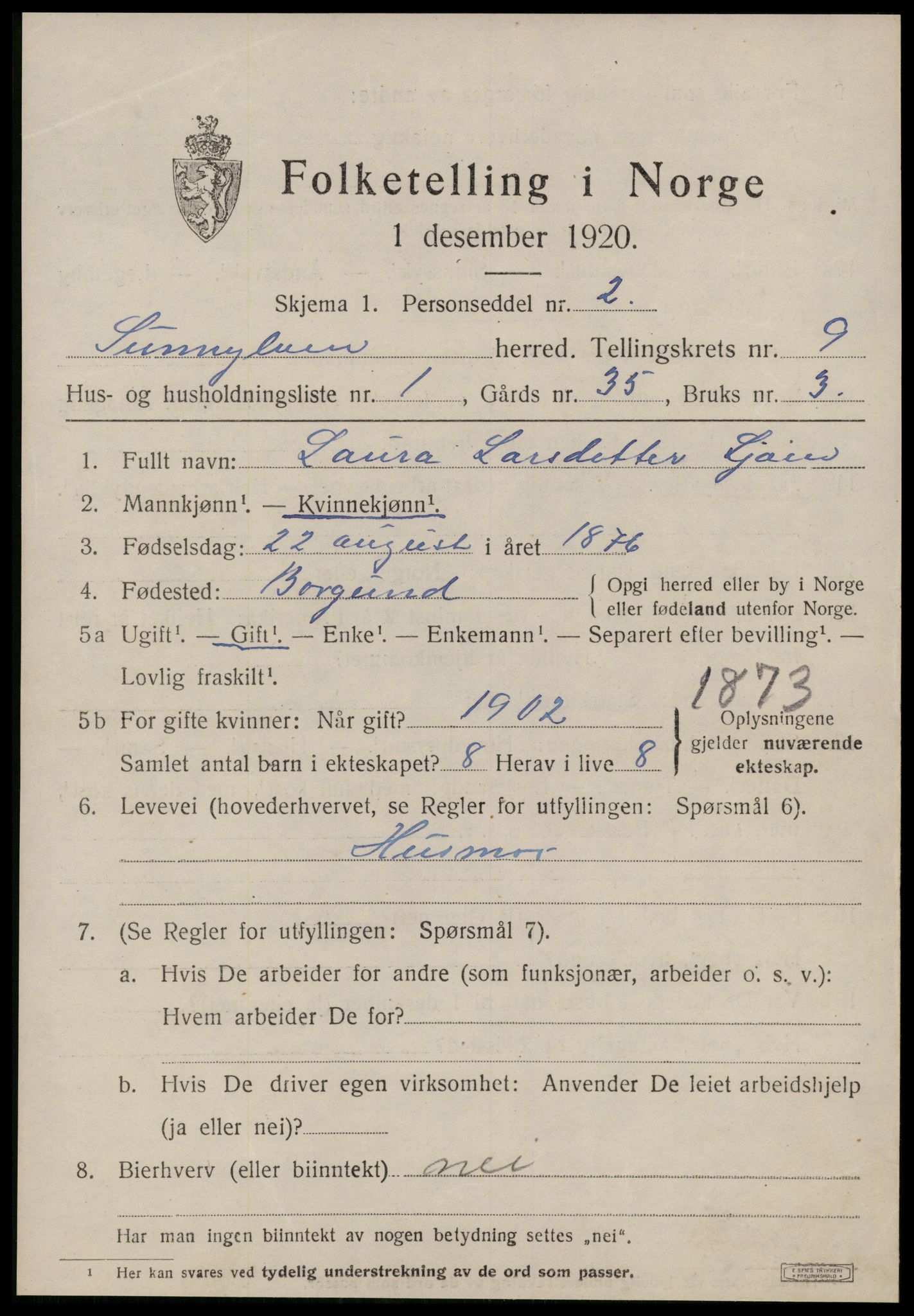 SAT, 1920 census for Sunnylven, 1920, p. 2866