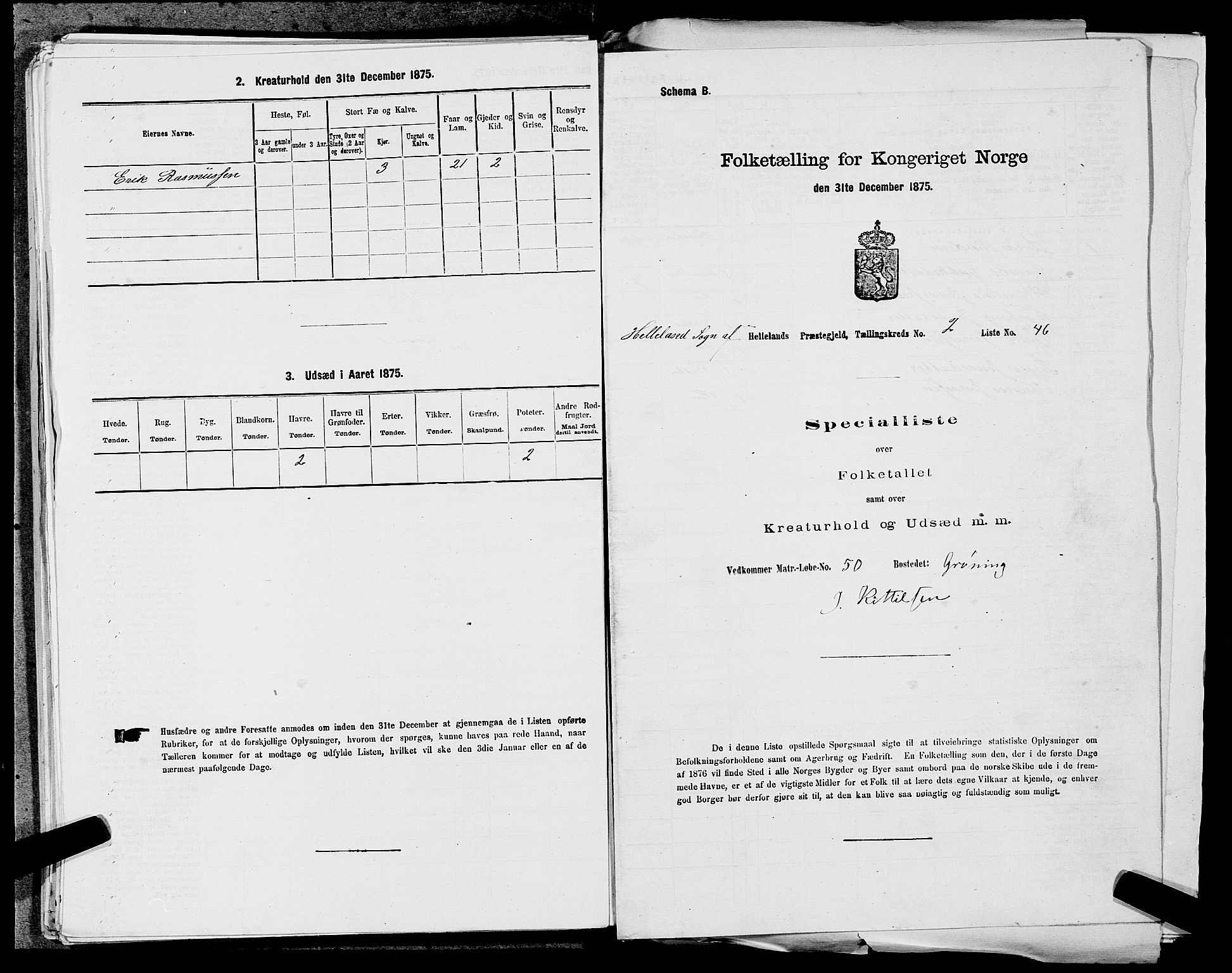 SAST, 1875 census for 1115P Helleland, 1875, p. 222