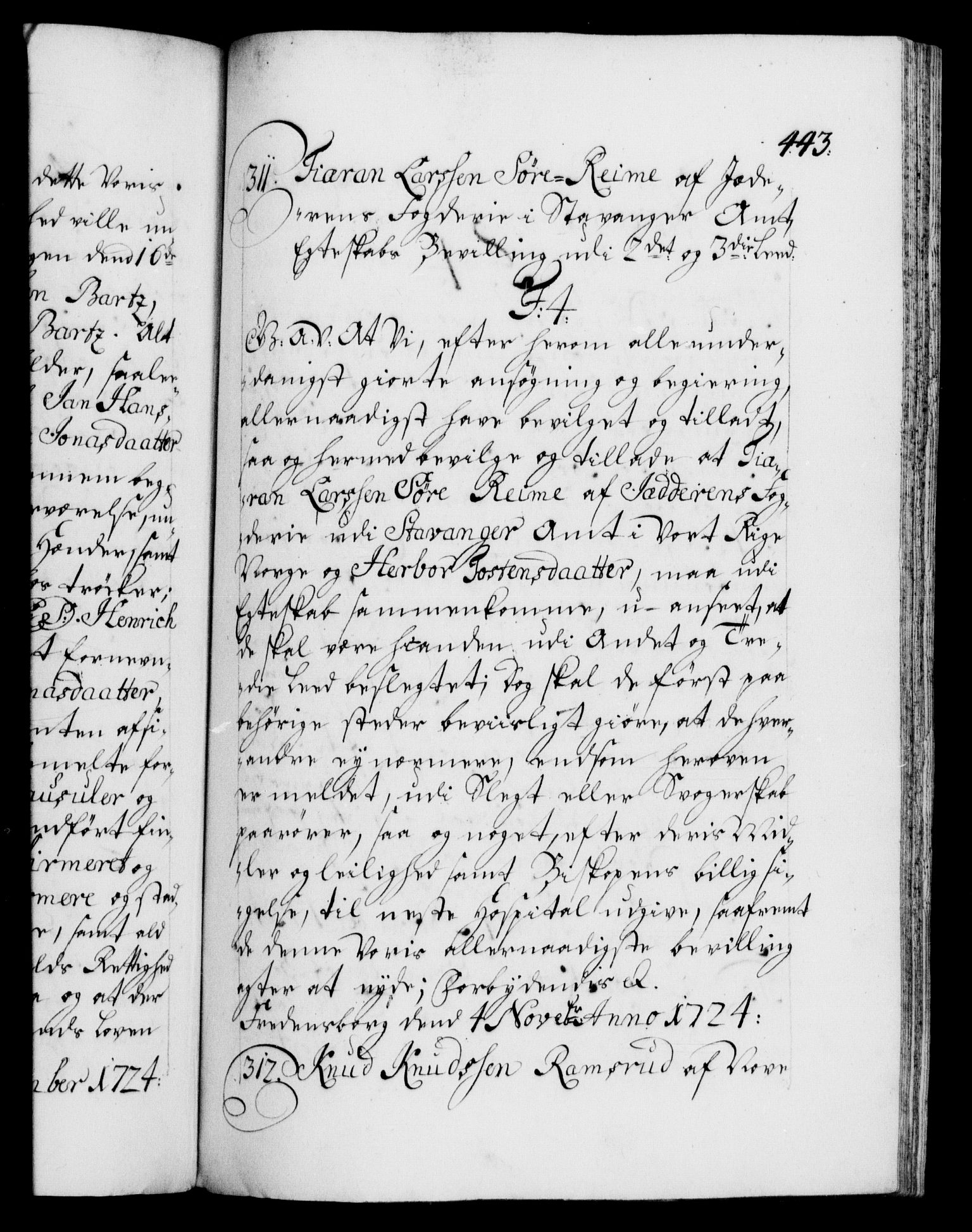 Danske Kanselli 1572-1799, AV/RA-EA-3023/F/Fc/Fca/Fcaa/L0024: Norske registre, 1723-1725, p. 443a