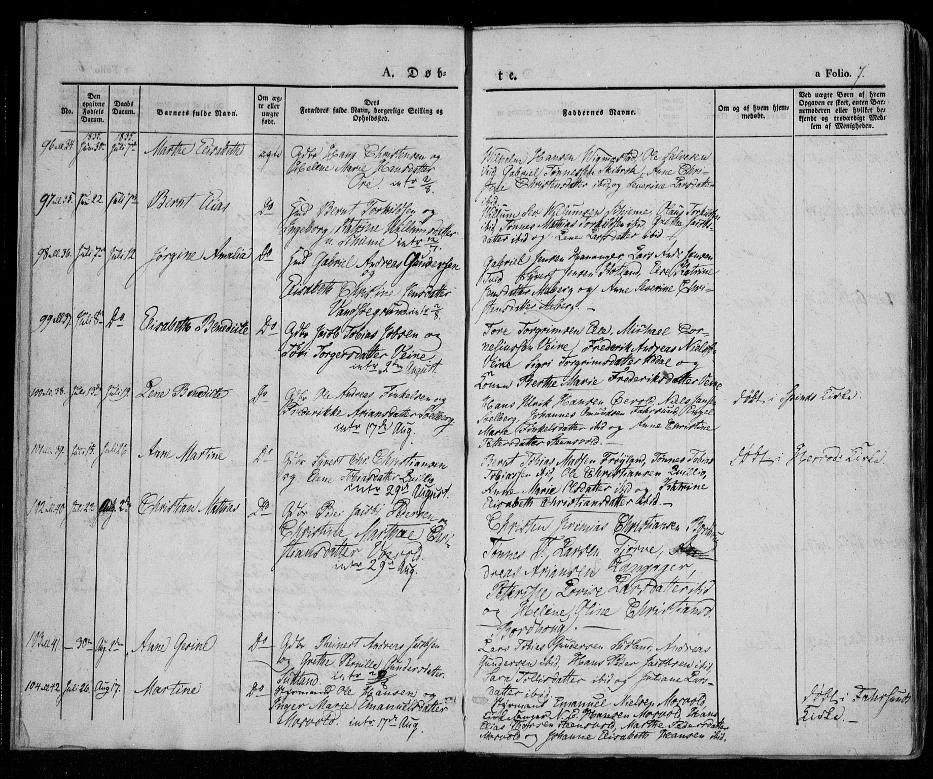 Lista sokneprestkontor, AV/SAK-1111-0027/F/Fa/L0009: Parish register (official) no. A 9, 1835-1846, p. 7