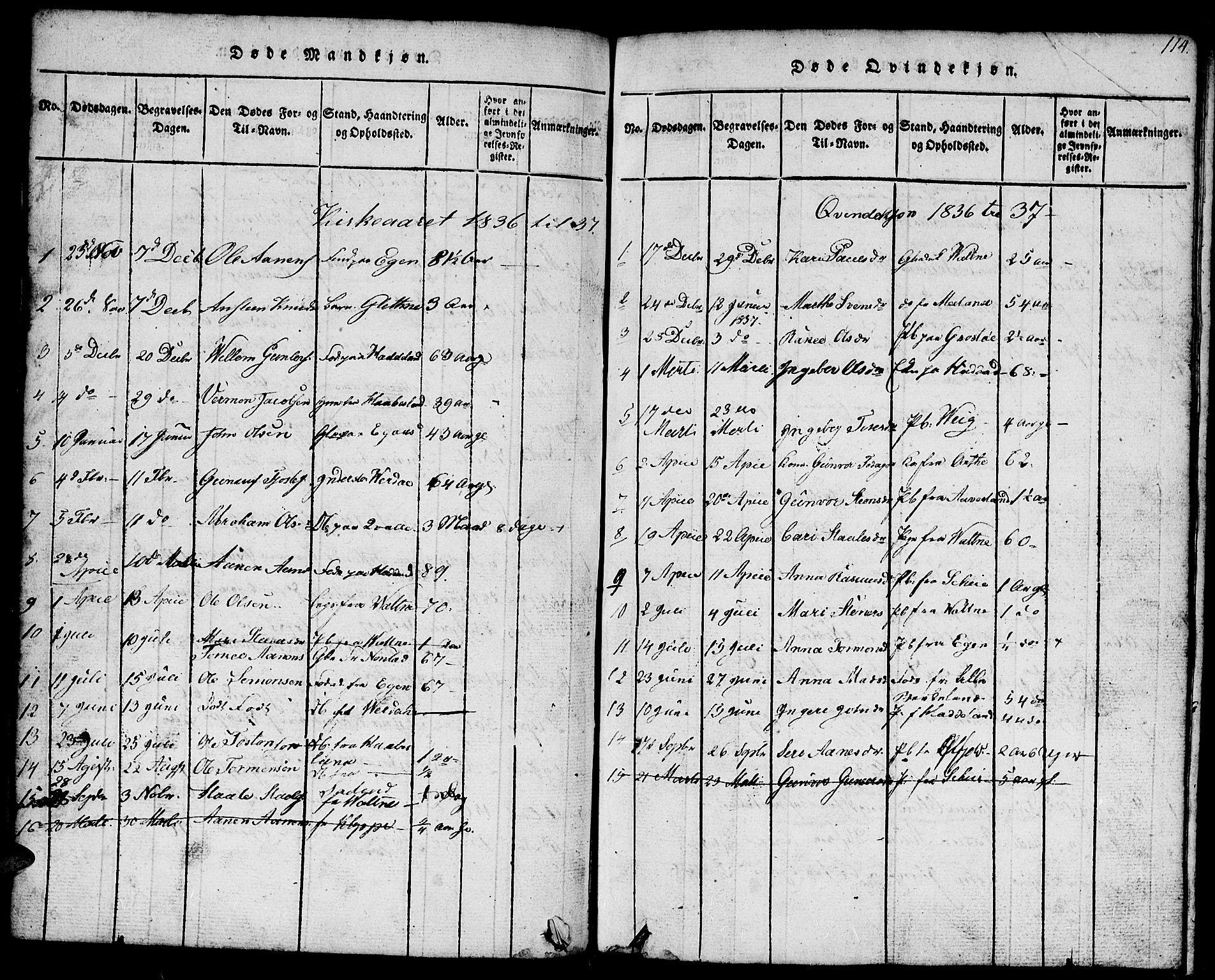 Hægebostad sokneprestkontor, SAK/1111-0024/F/Fb/Fbb/L0001: Parish register (copy) no. B 1, 1816-1850, p. 114