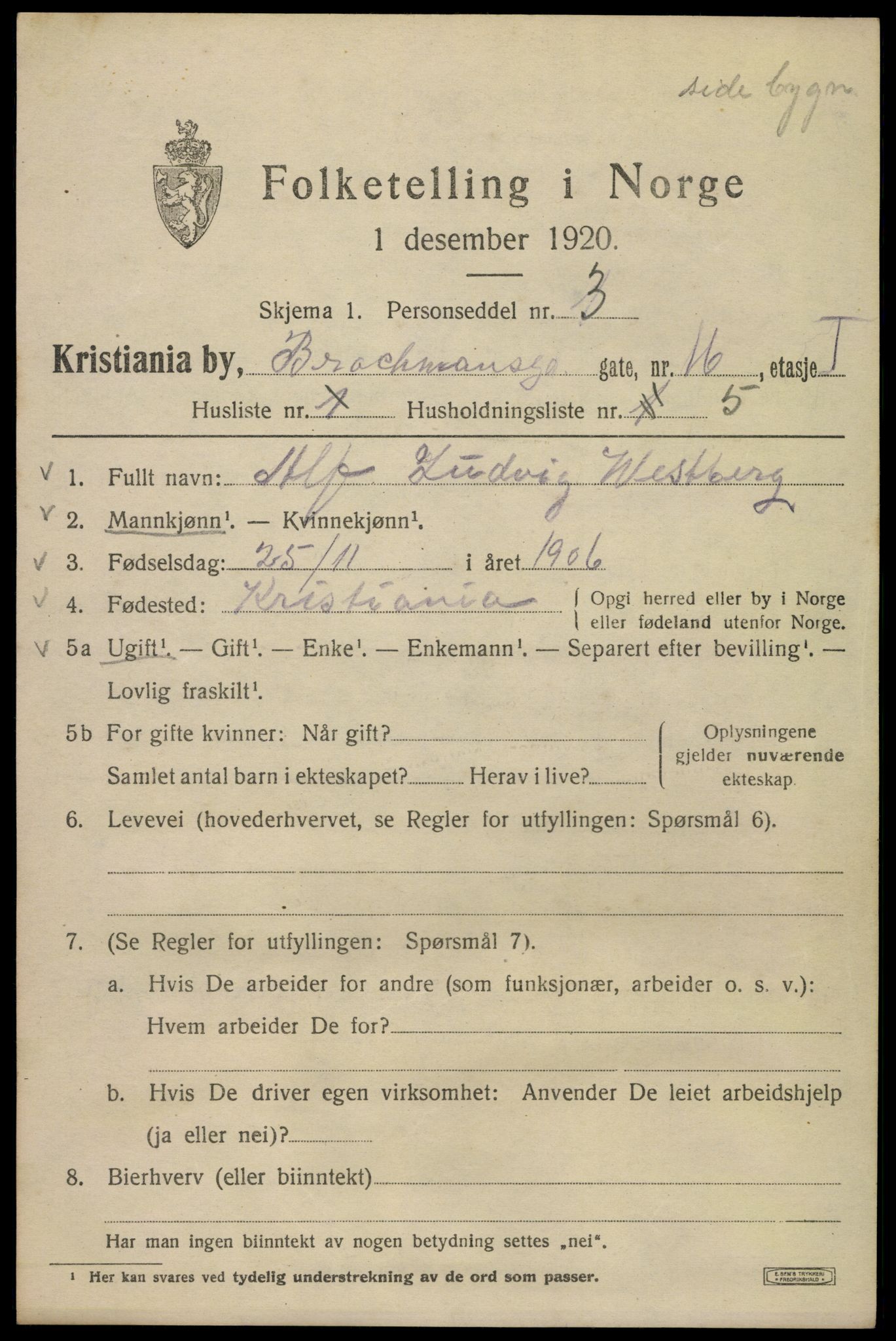 SAO, 1920 census for Kristiania, 1920, p. 174615