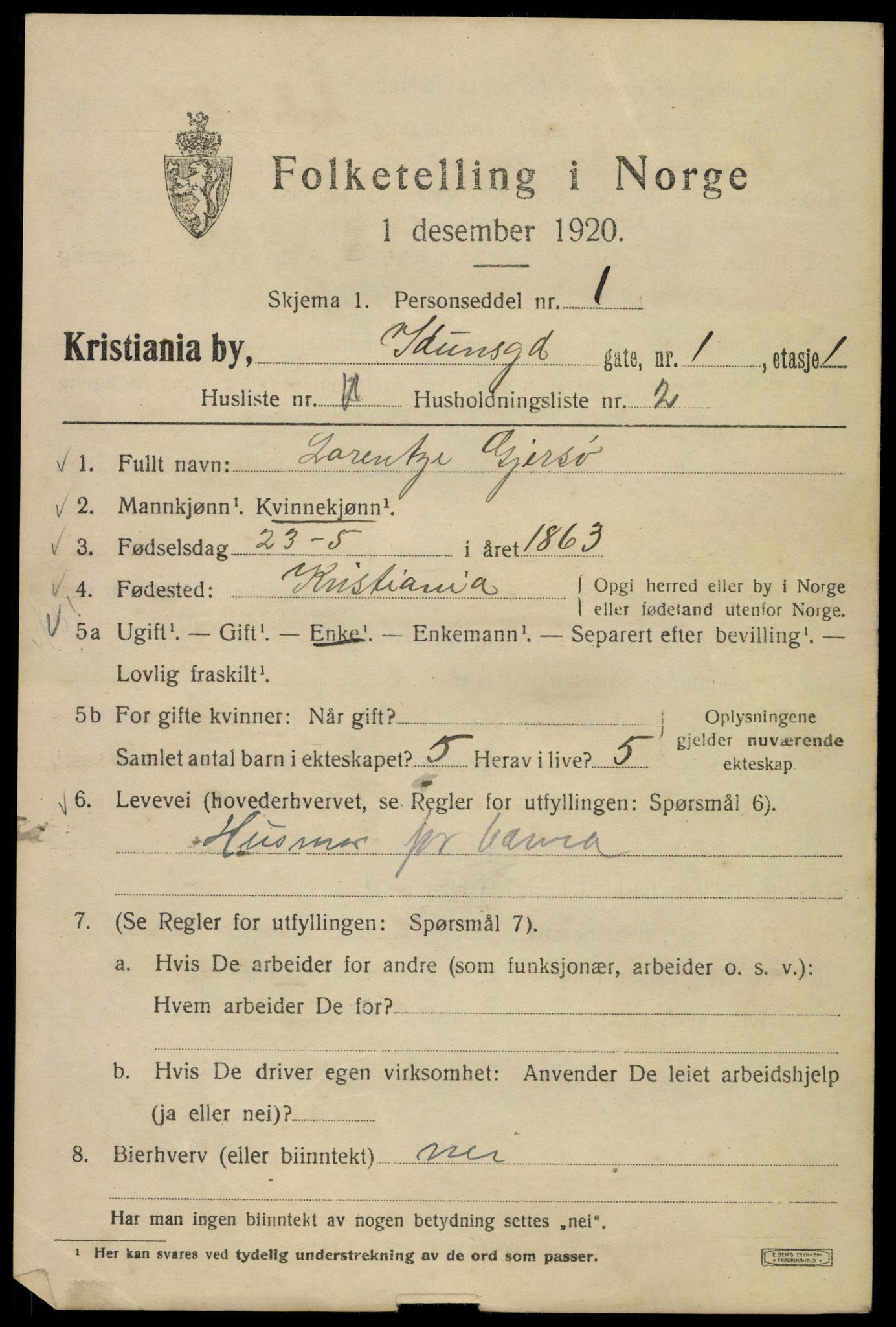 SAO, 1920 census for Kristiania, 1920, p. 306085