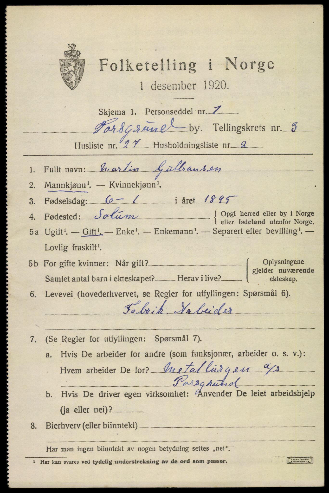 SAKO, 1920 census for Porsgrunn, 1920, p. 14767