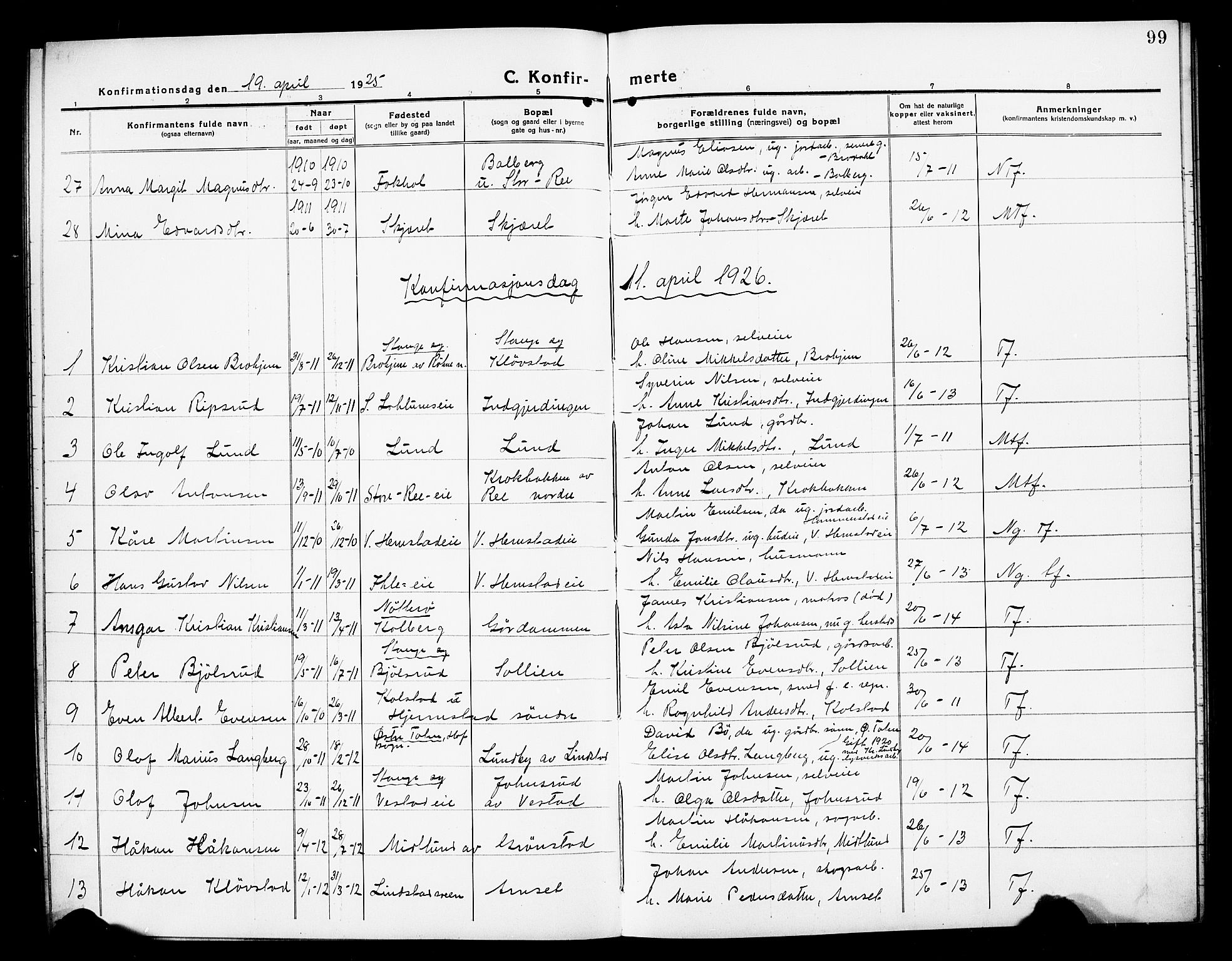 Stange prestekontor, AV/SAH-PREST-002/L/L0016: Parish register (copy) no. 16, 1918-1928, p. 99