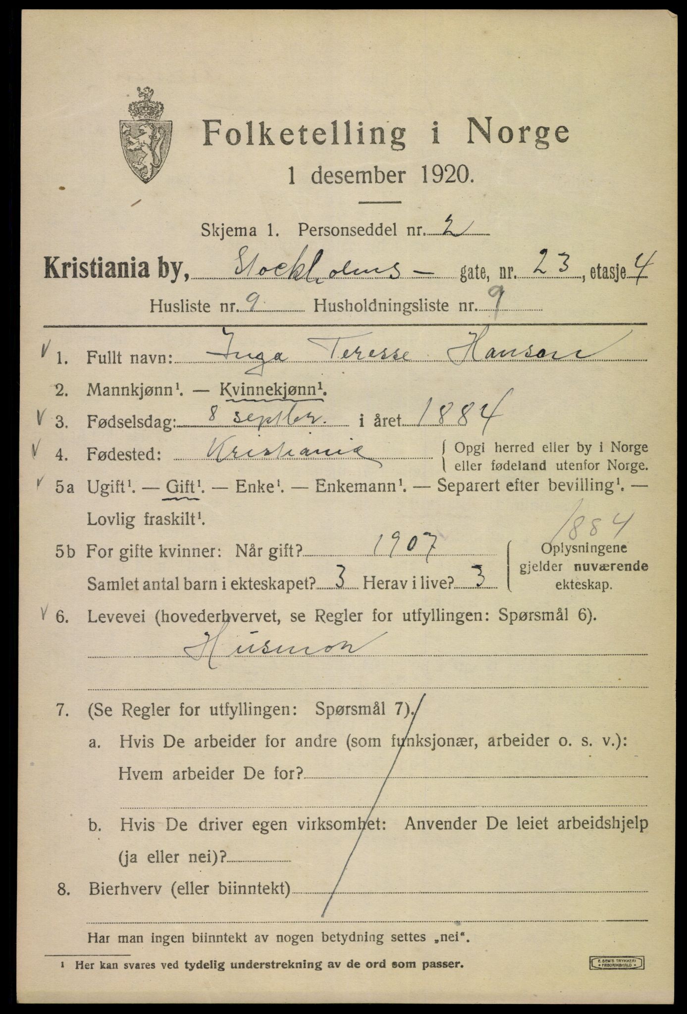 SAO, 1920 census for Kristiania, 1920, p. 546863