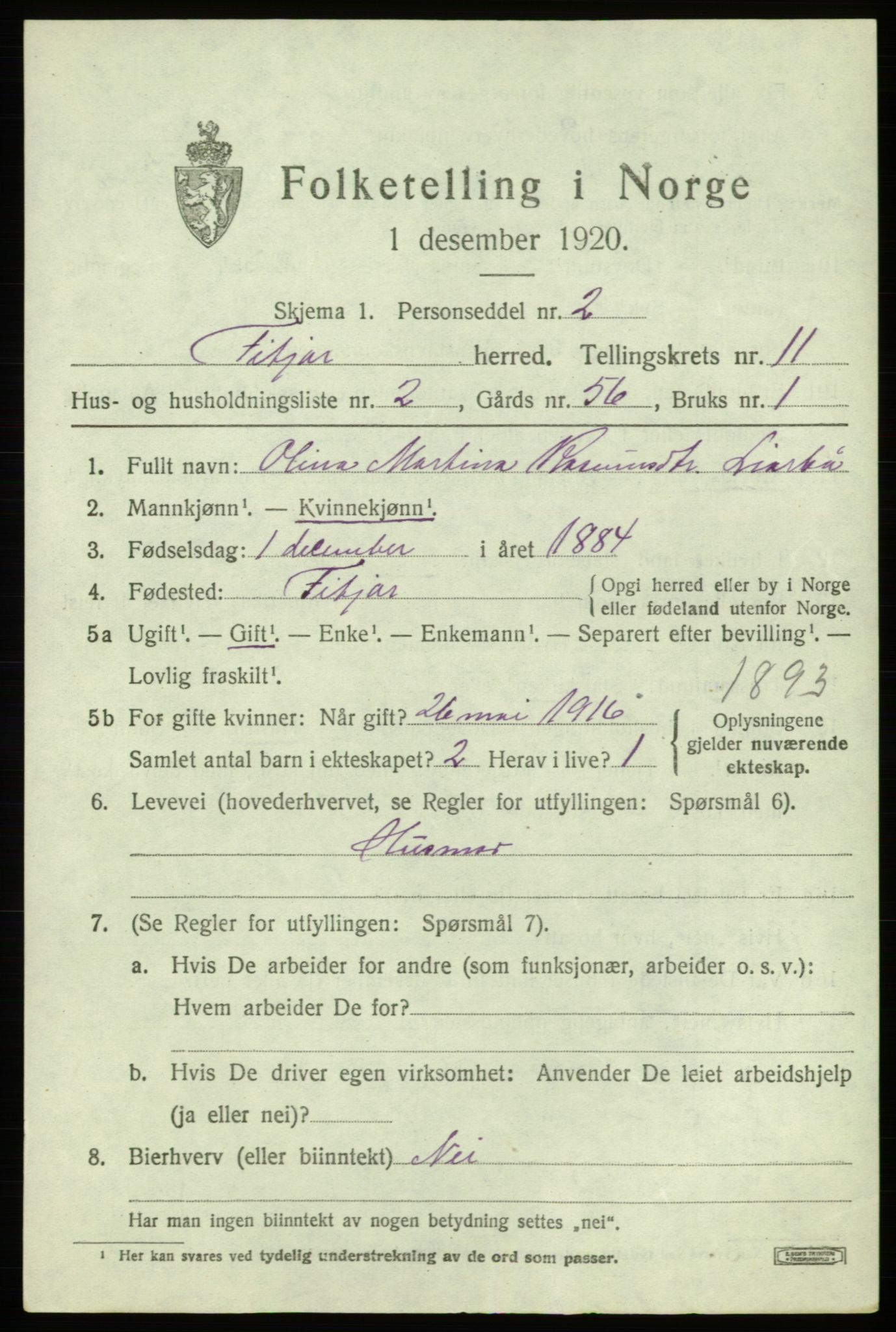 SAB, 1920 census for Fitjar, 1920, p. 4318