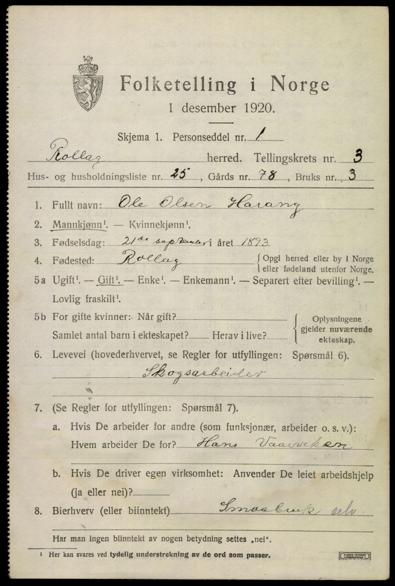 SAKO, 1920 census for Rollag, 1920, p. 1772