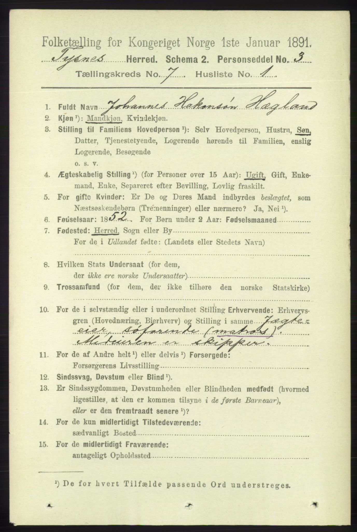 RA, 1891 census for 1223 Tysnes, 1891, p. 2880