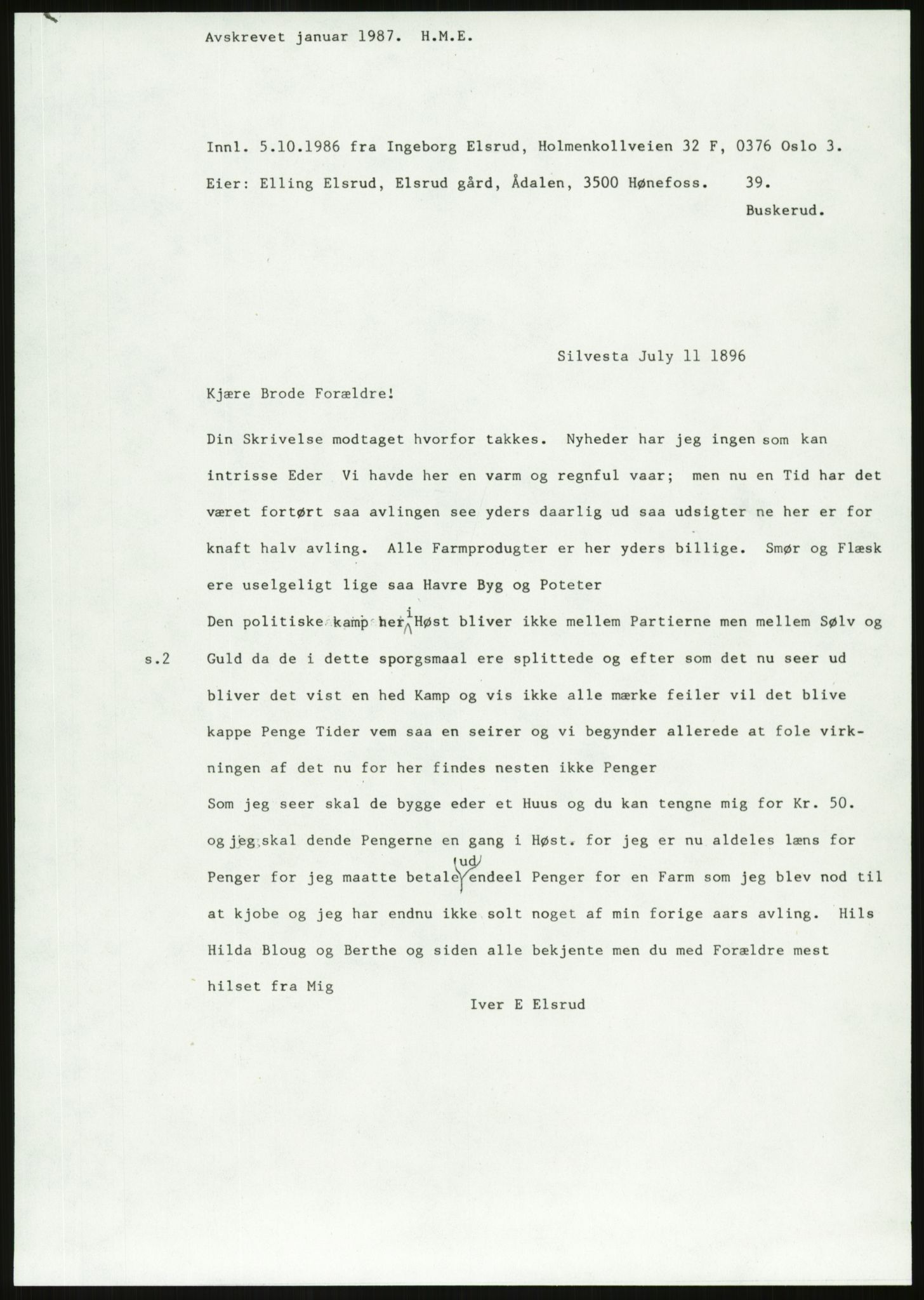 Samlinger til kildeutgivelse, Amerikabrevene, AV/RA-EA-4057/F/L0018: Innlån fra Buskerud: Elsrud, 1838-1914, p. 671