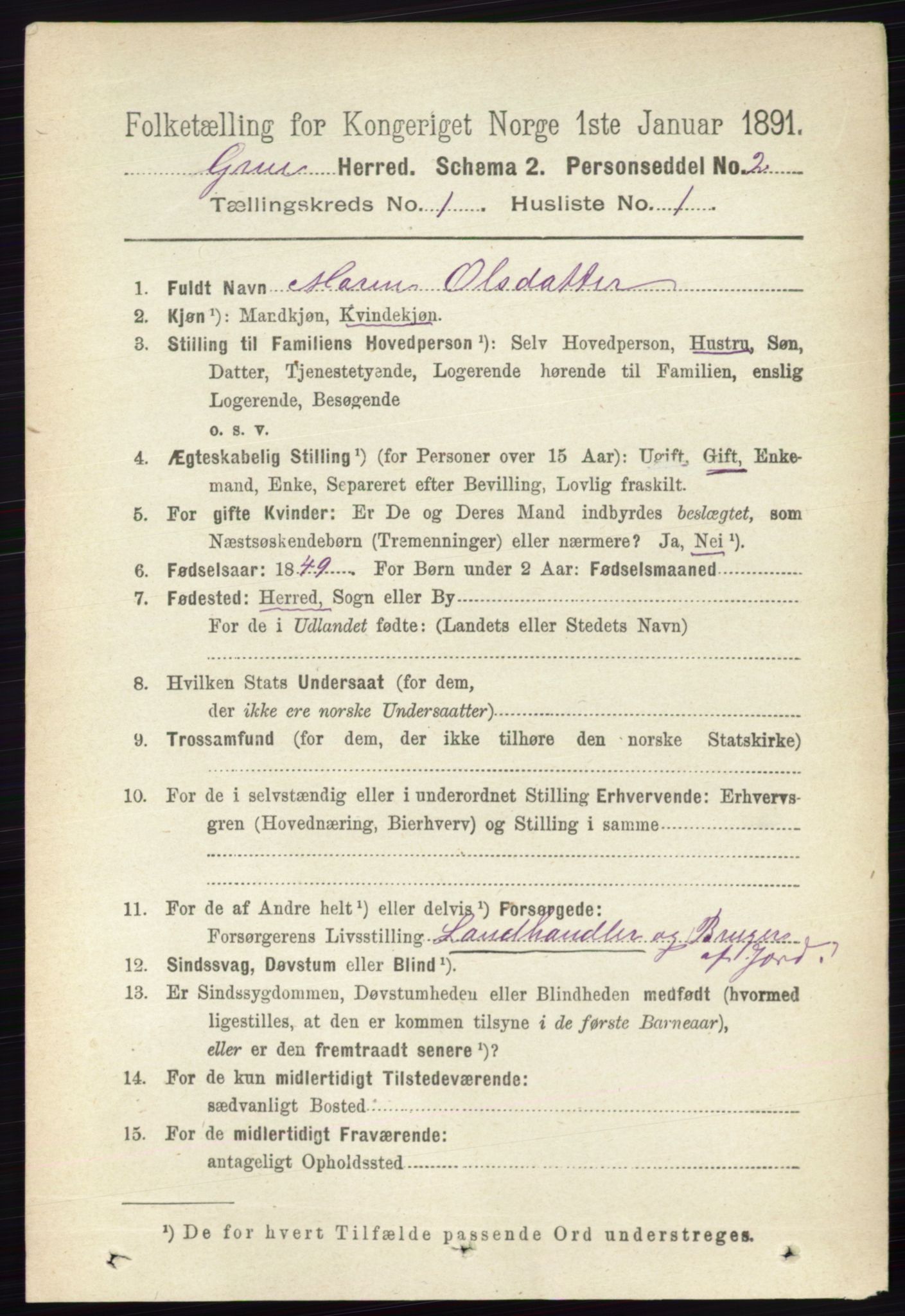 RA, 1891 census for 0423 Grue, 1891, p. 193