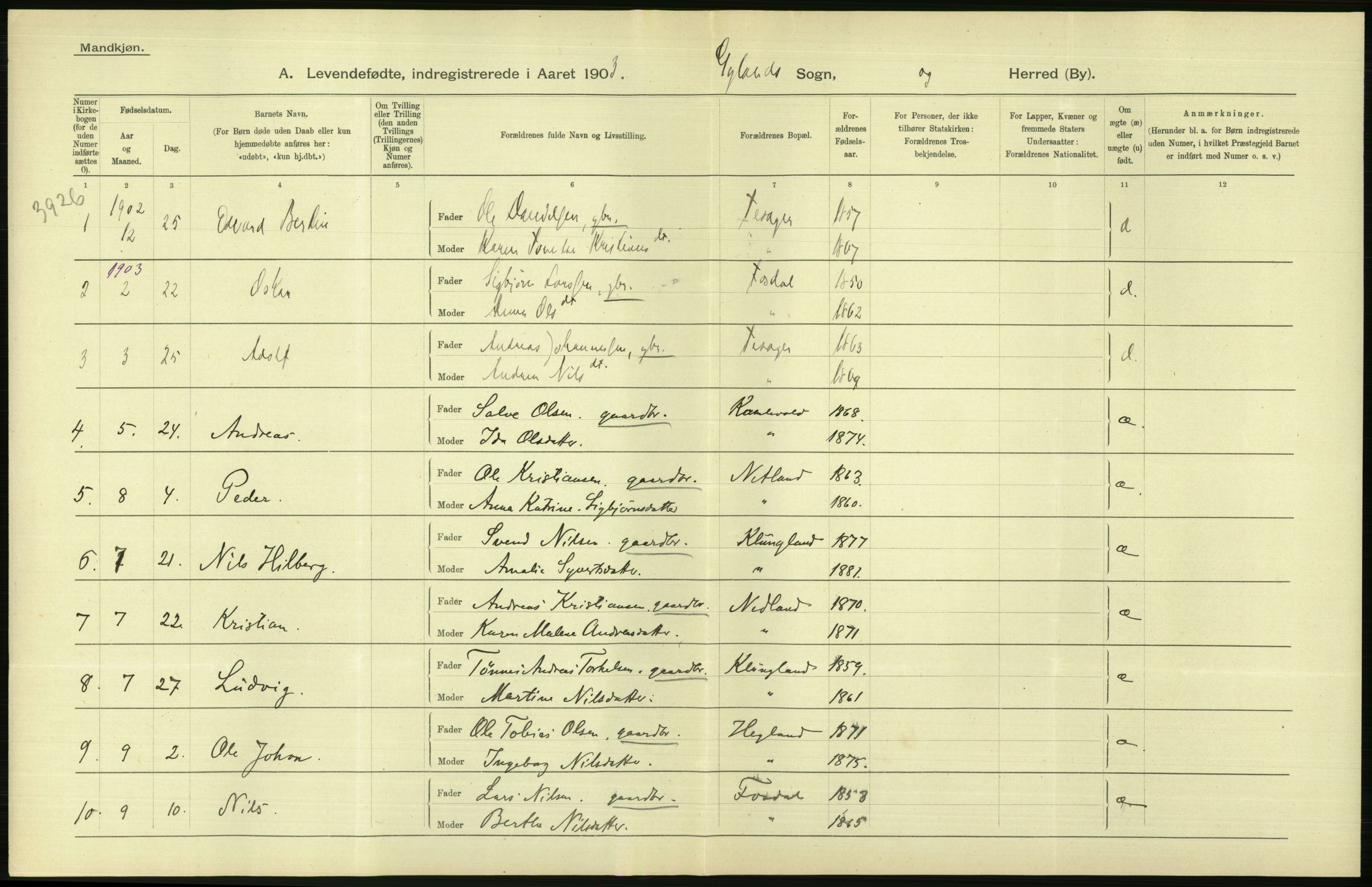 Statistisk sentralbyrå, Sosiodemografiske emner, Befolkning, AV/RA-S-2228/D/Df/Dfa/Dfaa/L0011: Lister og Mandal amt: Fødte, gifte, døde, 1903, p. 16