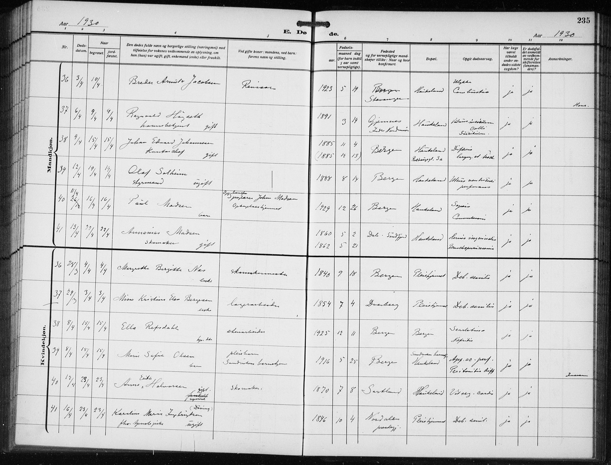 Bergen kommunale pleiehjem - stiftelsespresten, AV/SAB-A-100281: Parish register (official) no. A 7, 1921-1932, p. 235