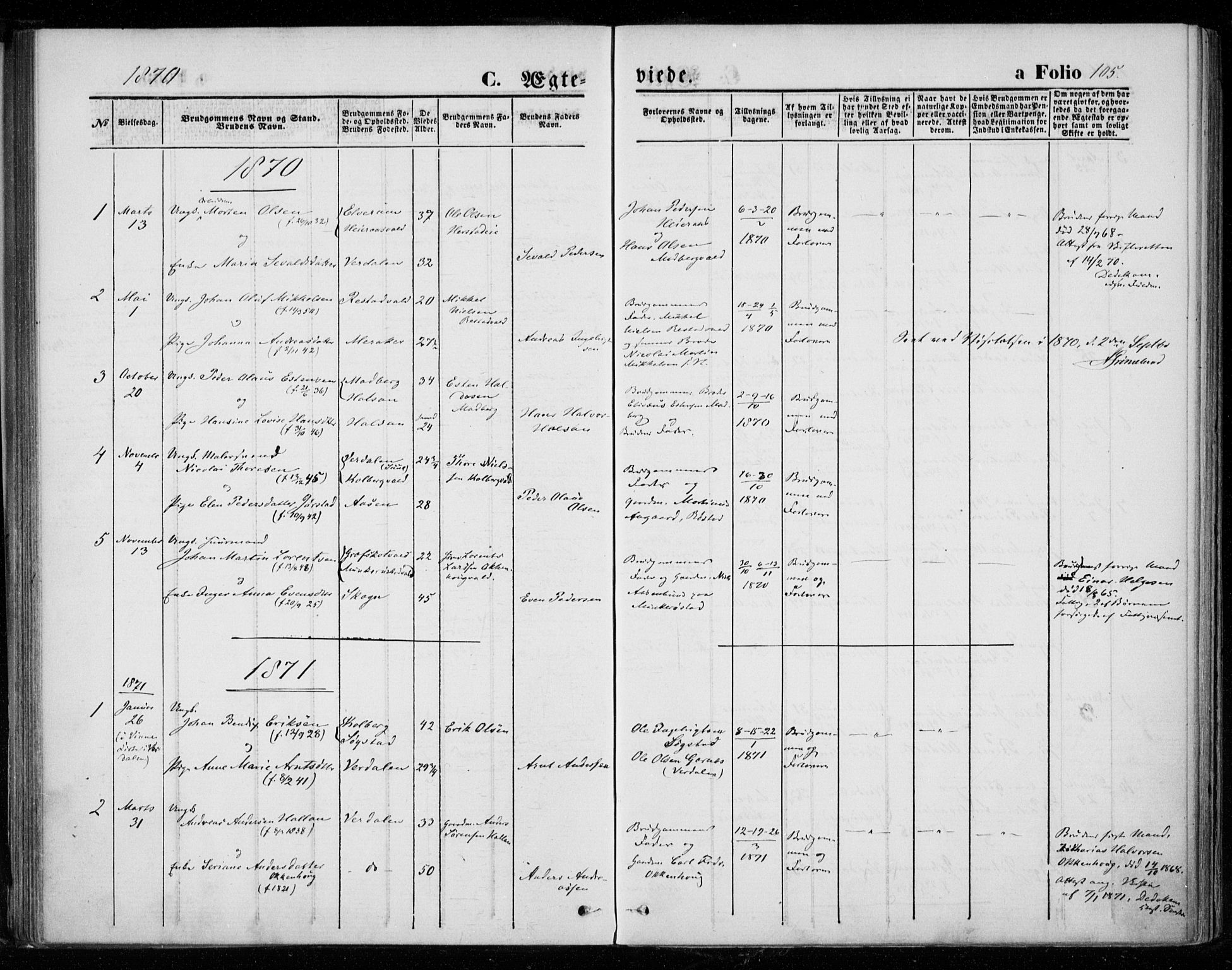 Ministerialprotokoller, klokkerbøker og fødselsregistre - Nord-Trøndelag, SAT/A-1458/721/L0206: Parish register (official) no. 721A01, 1864-1874, p. 105