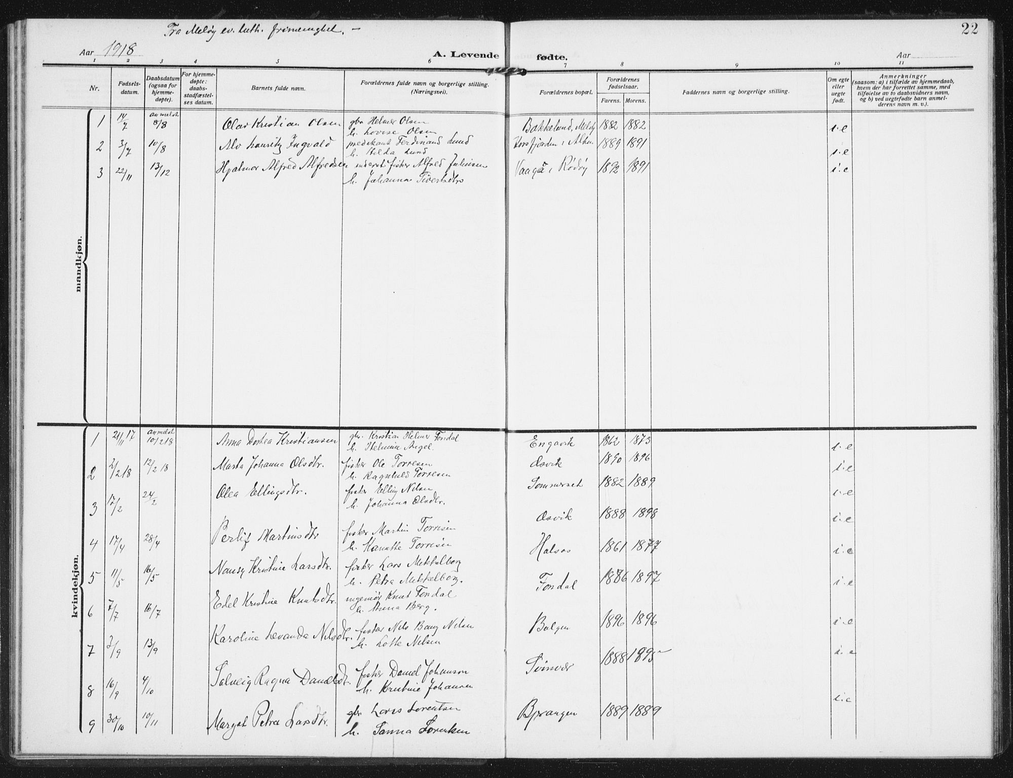 Ministerialprotokoller, klokkerbøker og fødselsregistre - Nordland, SAT/A-1459/843/L0629: Parish register (official) no. 843A04, 1907-1925, p. 22