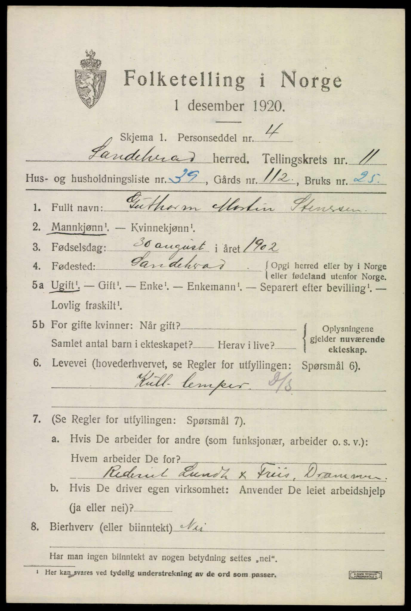 SAKO, 1920 census for Sandeherred, 1920, p. 16154