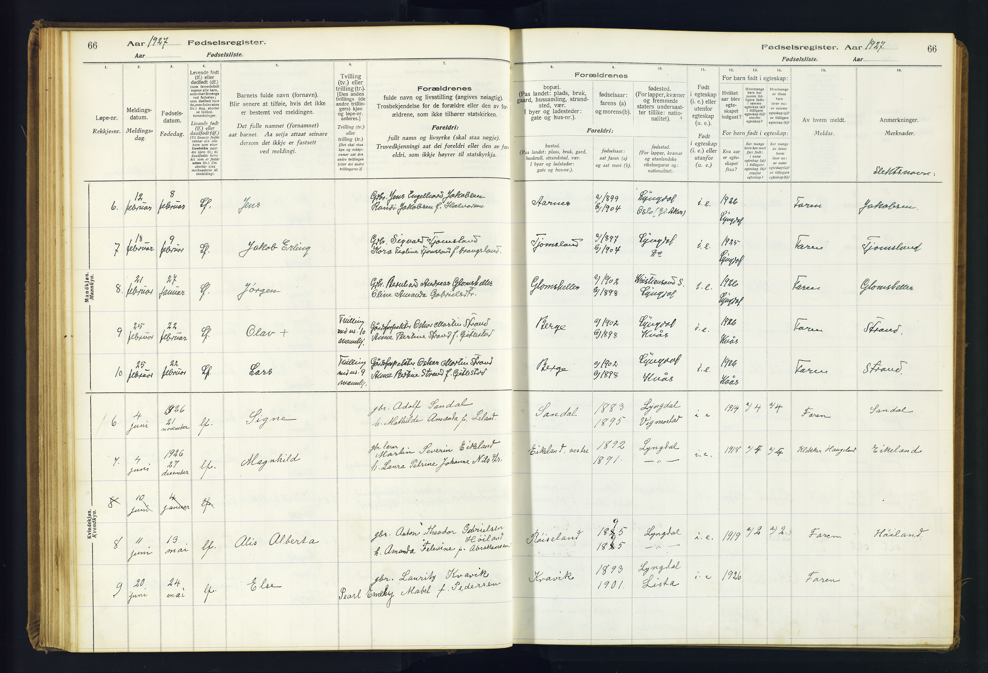 Lyngdal sokneprestkontor, AV/SAK-1111-0029/J/Ja/L0001: Birth register no. A-VI-26, 1916-1951, p. 66