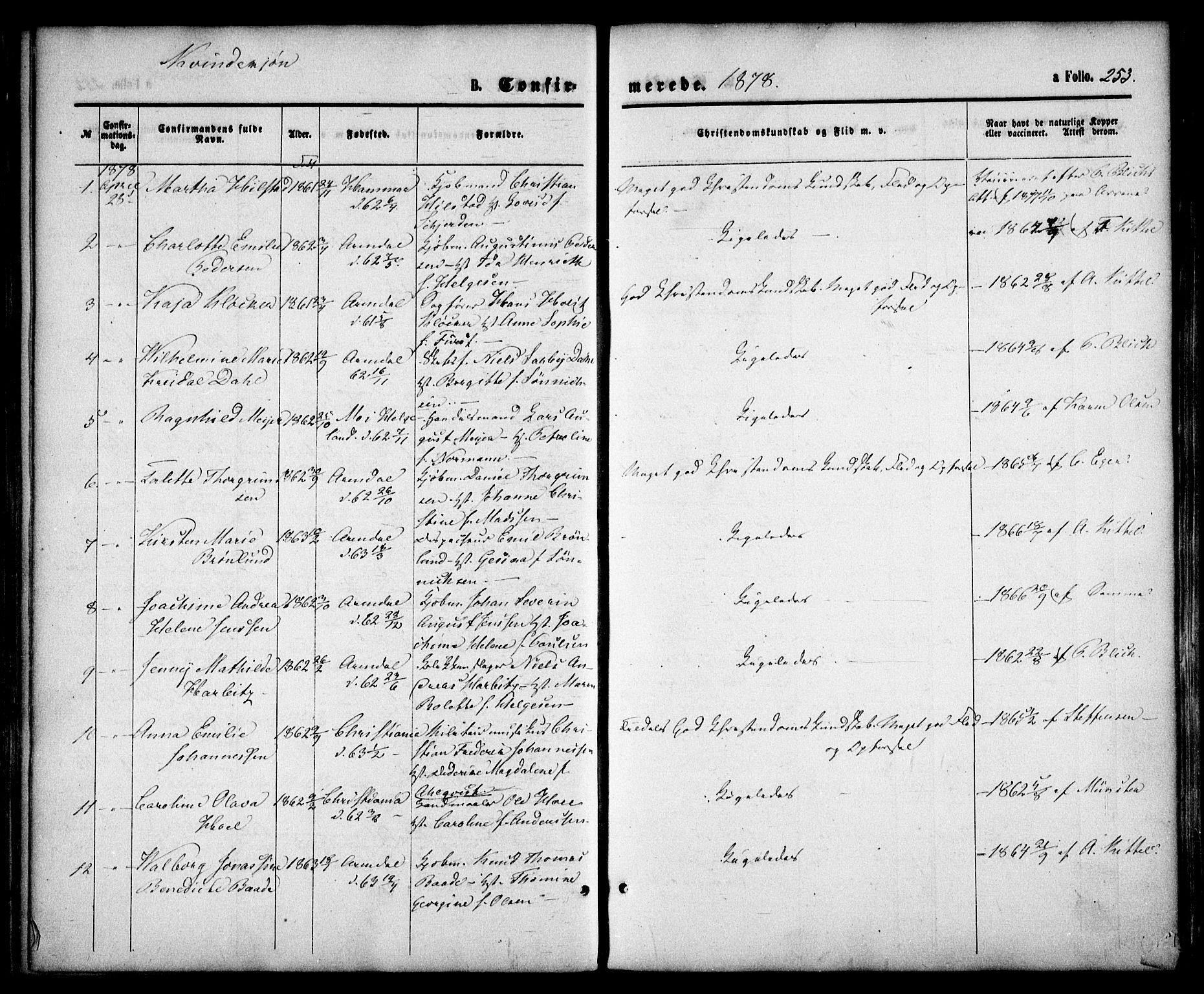 Arendal sokneprestkontor, Trefoldighet, AV/SAK-1111-0040/F/Fa/L0007: Parish register (official) no. A 7, 1868-1878, p. 253